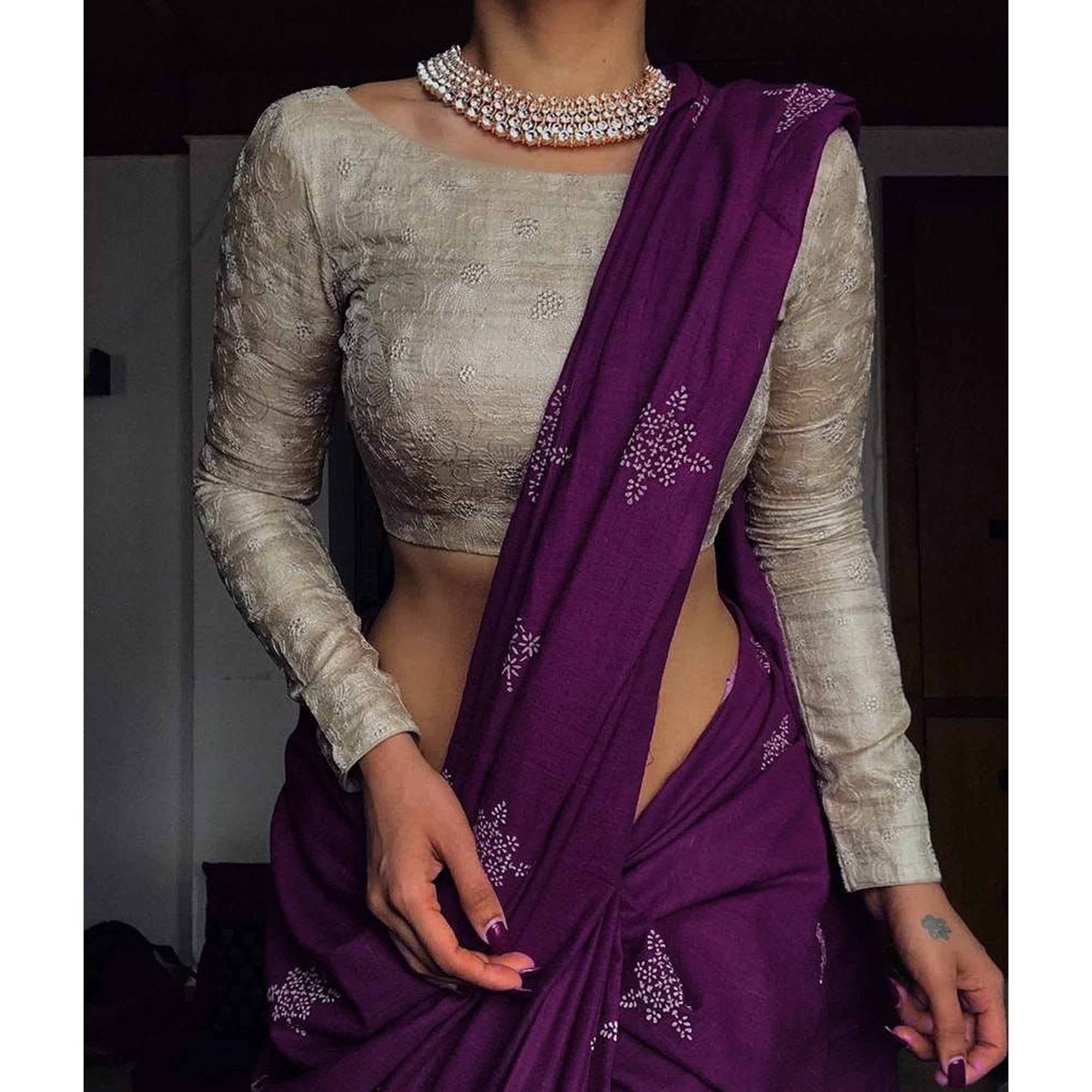 Purple Floral Printed Muslin Saree With Tassels