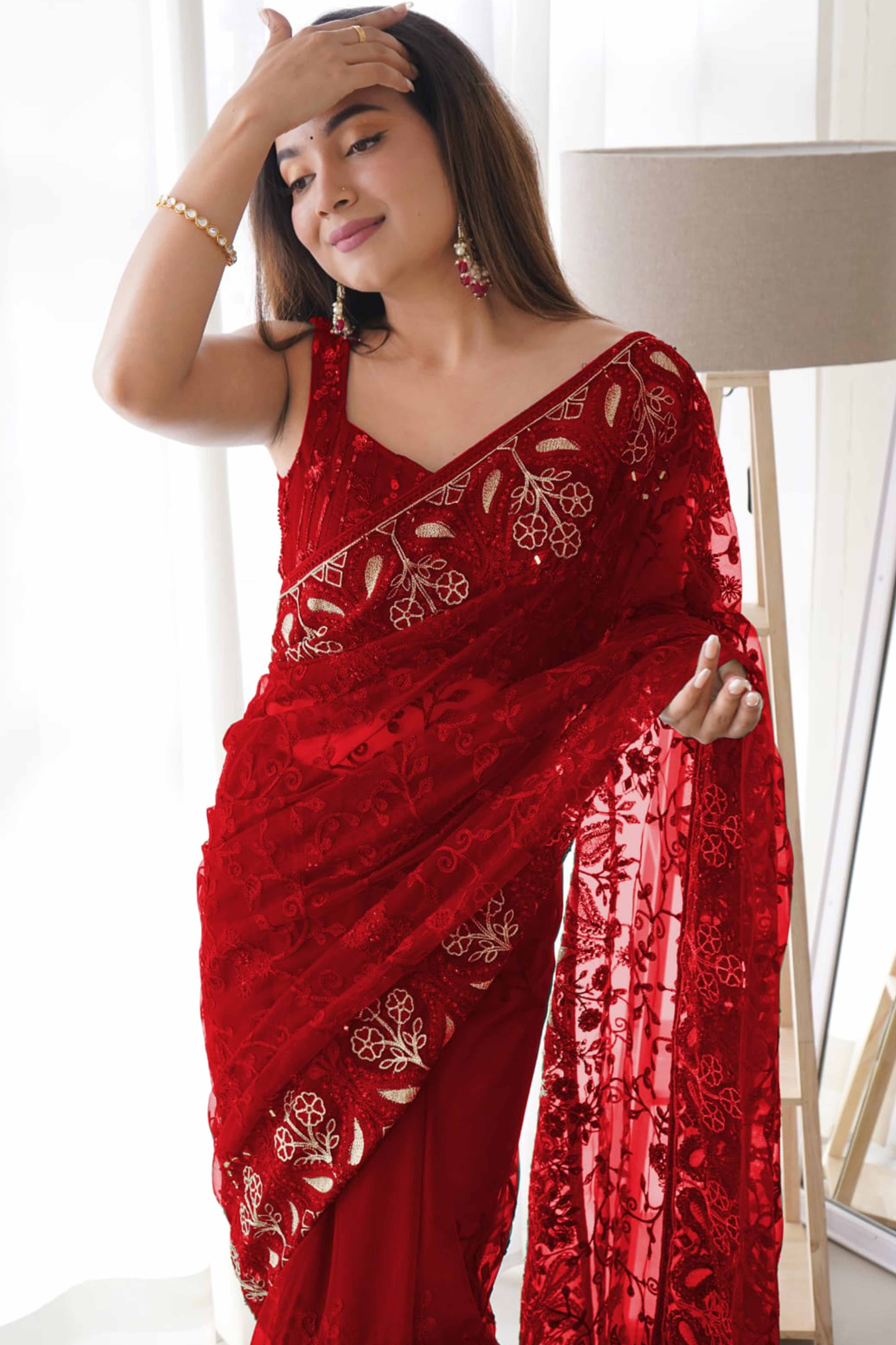 Maroon Net Saree With Floral Thread Embroidery Adorned In Stone & Mirror Accents