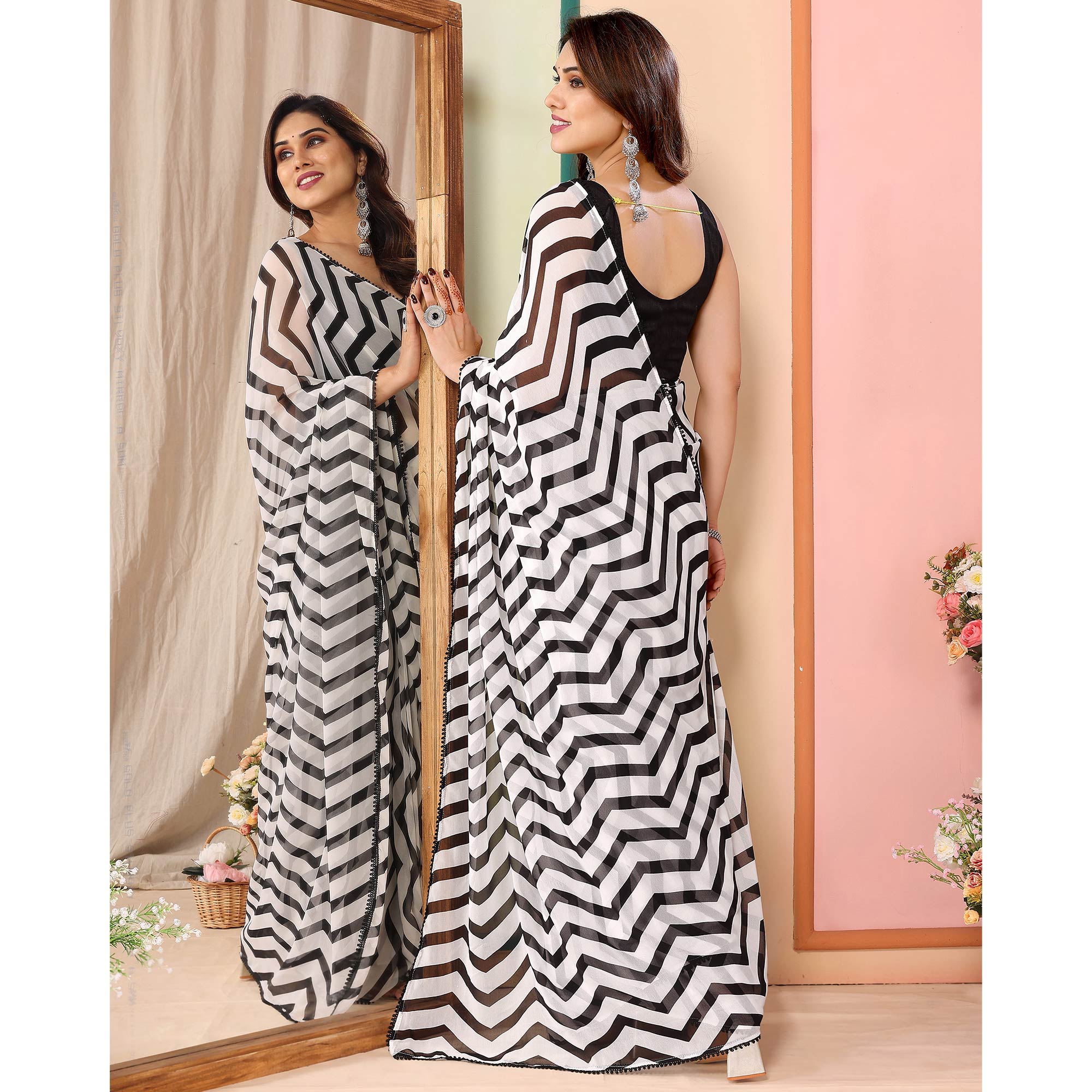 White & Black Zig Zag Printed Georgette Ready To Wear Saree