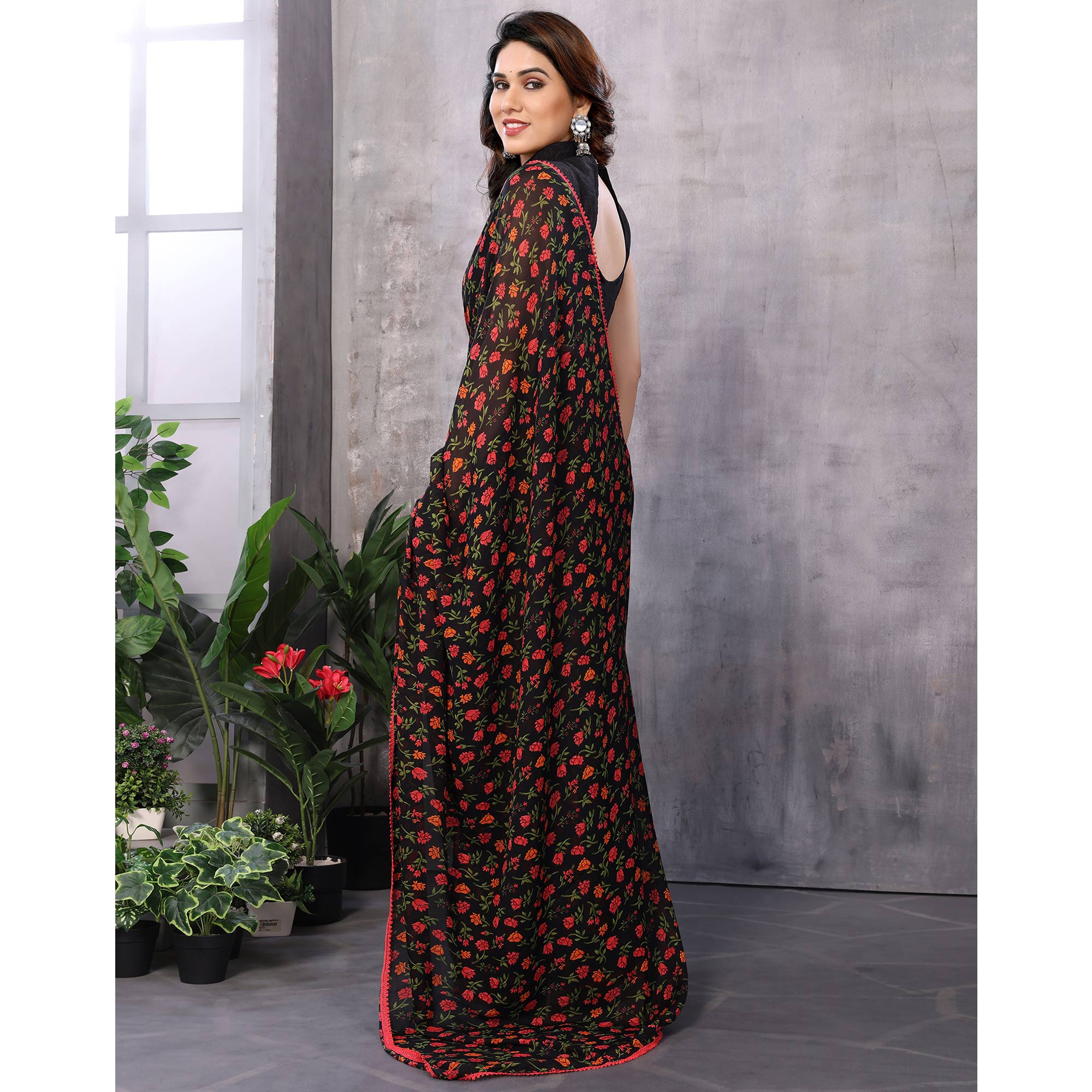 Black Floral Printed Georgette Ready To Wear Saree