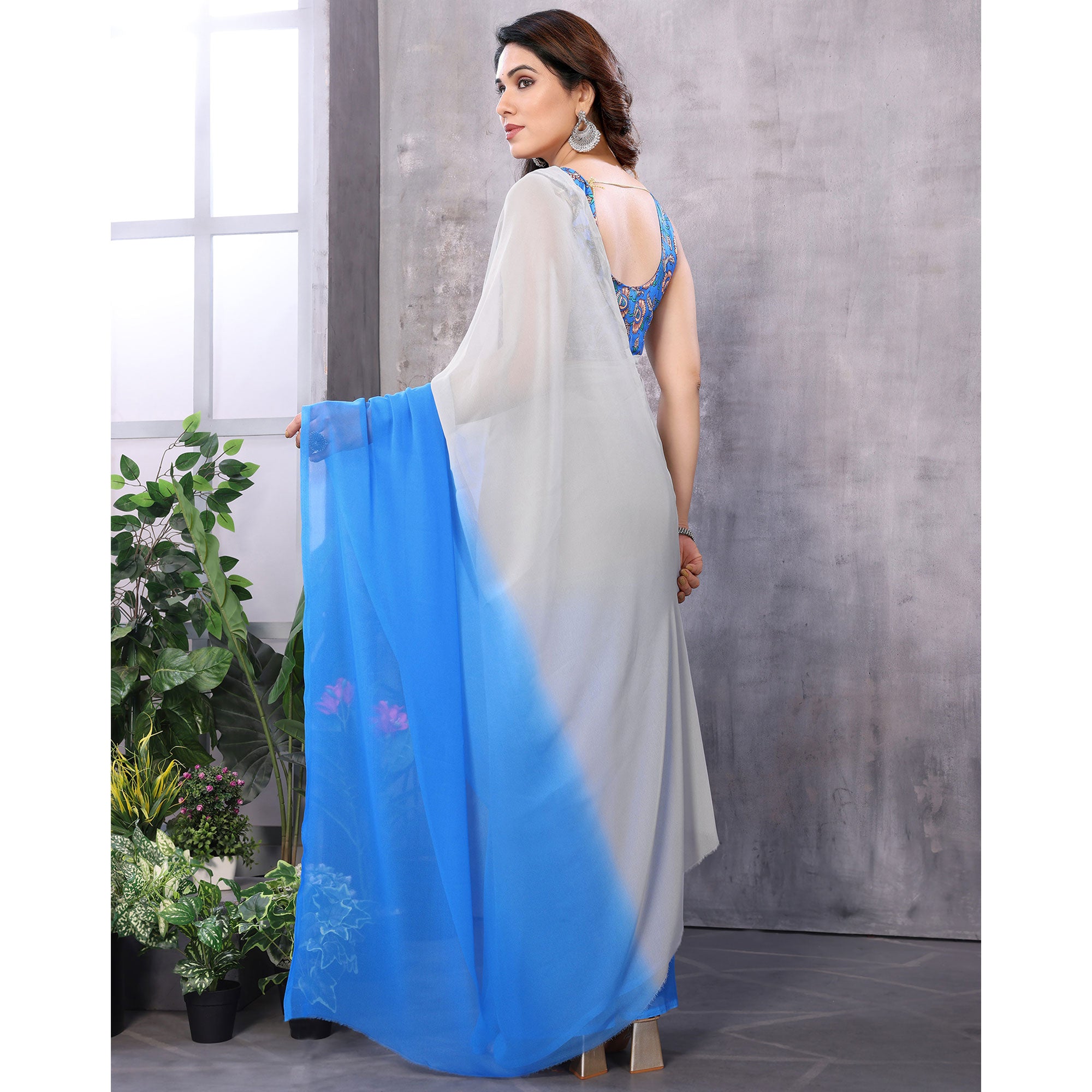 Blue & Grey Ombre Printed Georgette Ready To Wear Saree