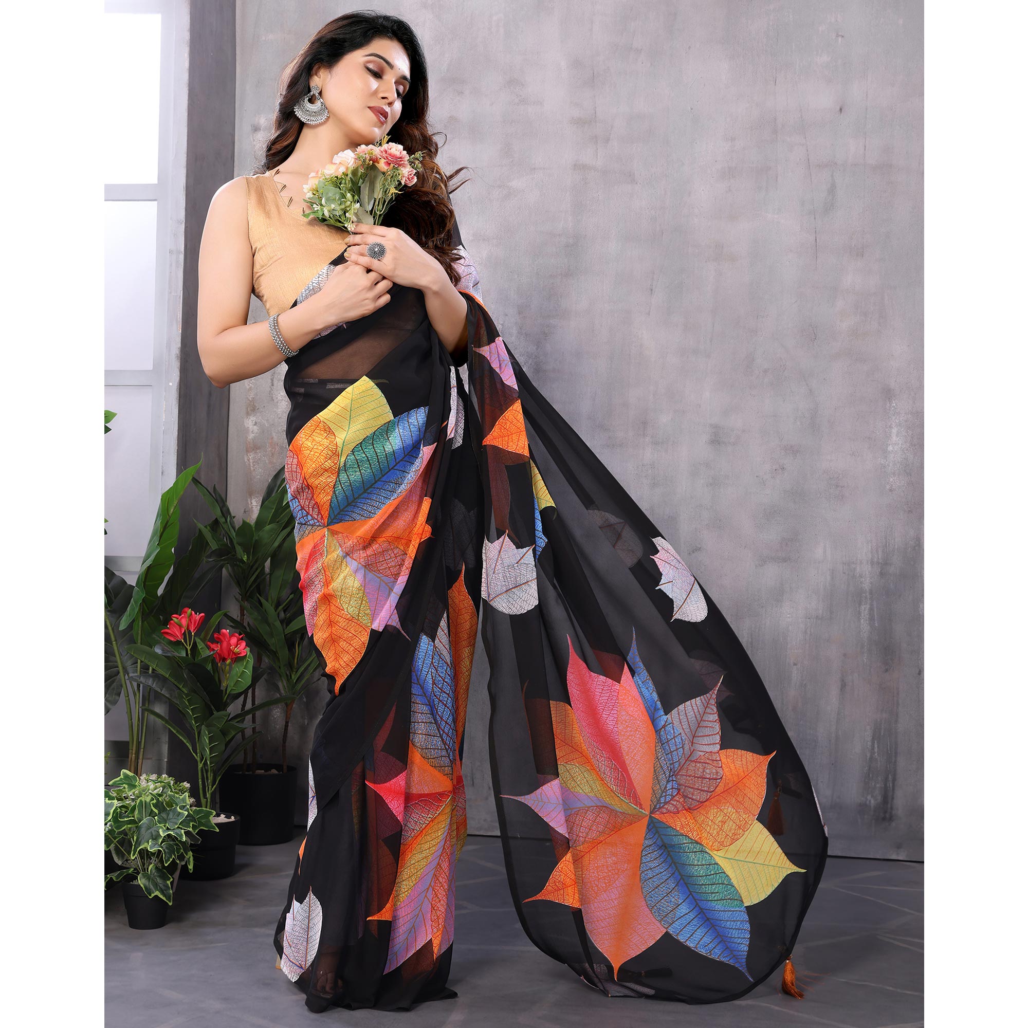 Black Printed Georgette Ready To Wear Saree
