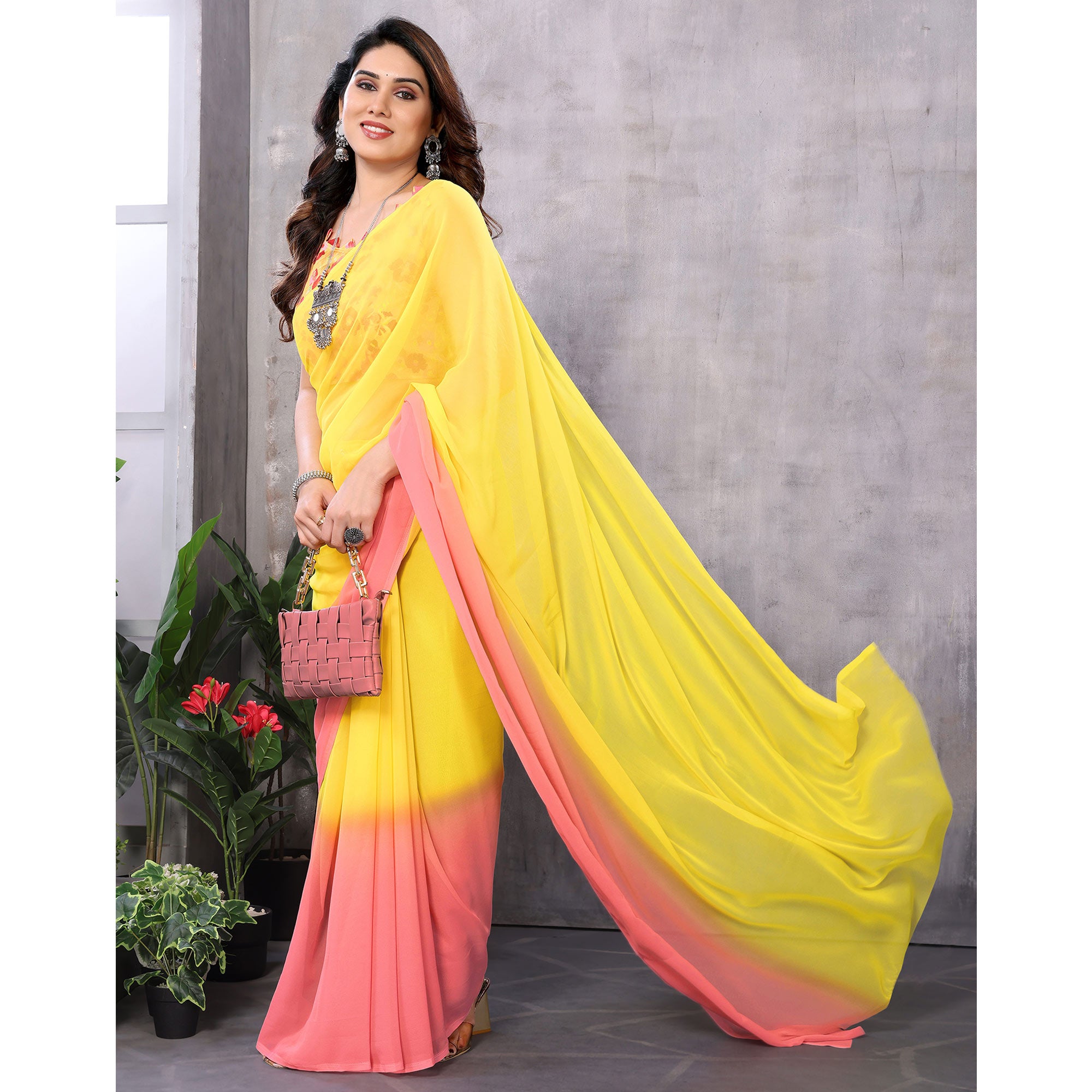 Yellow & Pink Ombre Printed Georgette Ready To Wear Saree