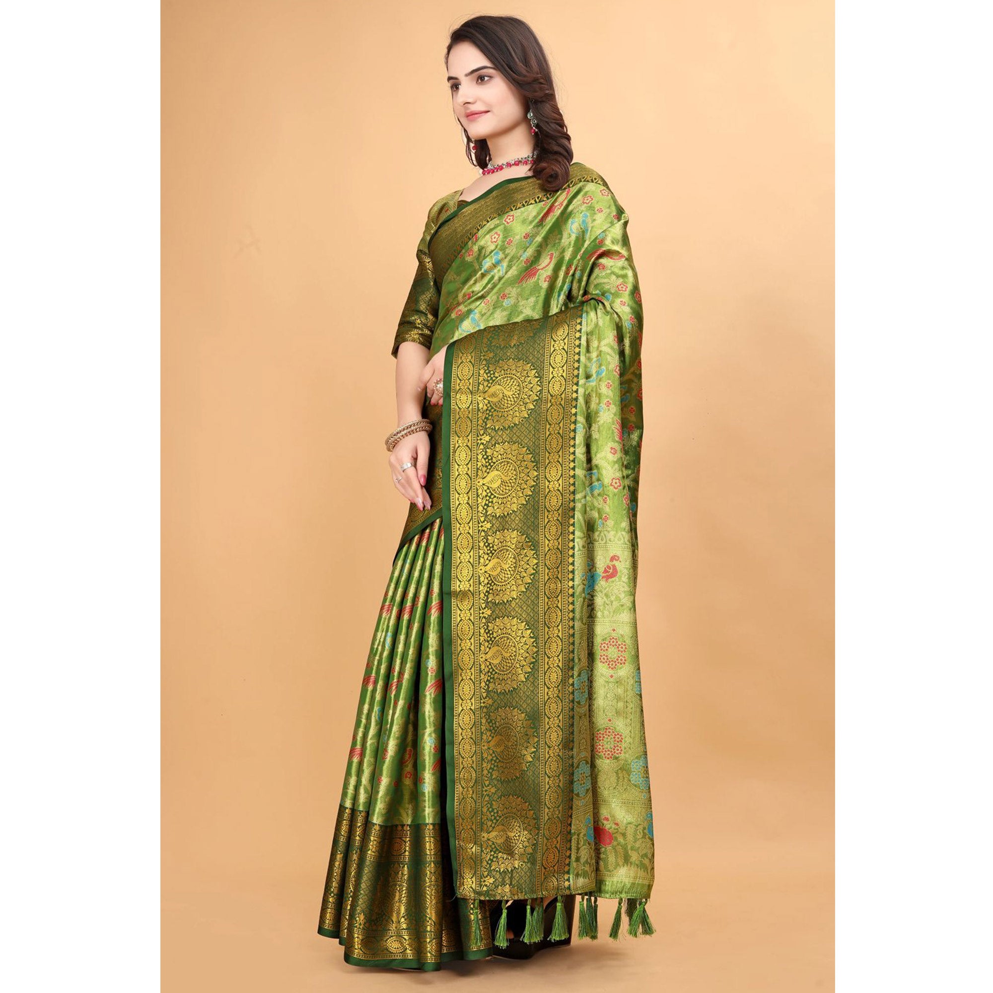 Green Floral Woven Tissue Silk Saree With Tassels