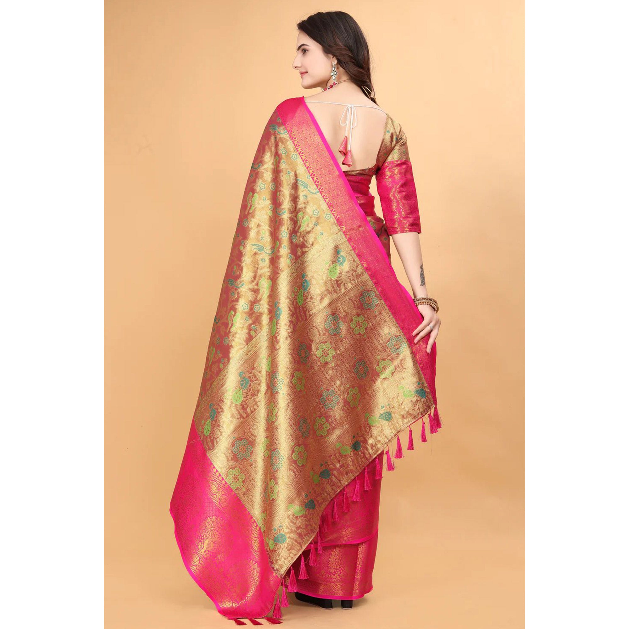 Rani Pink Floral Woven Tissue Silk Saree With Tassels