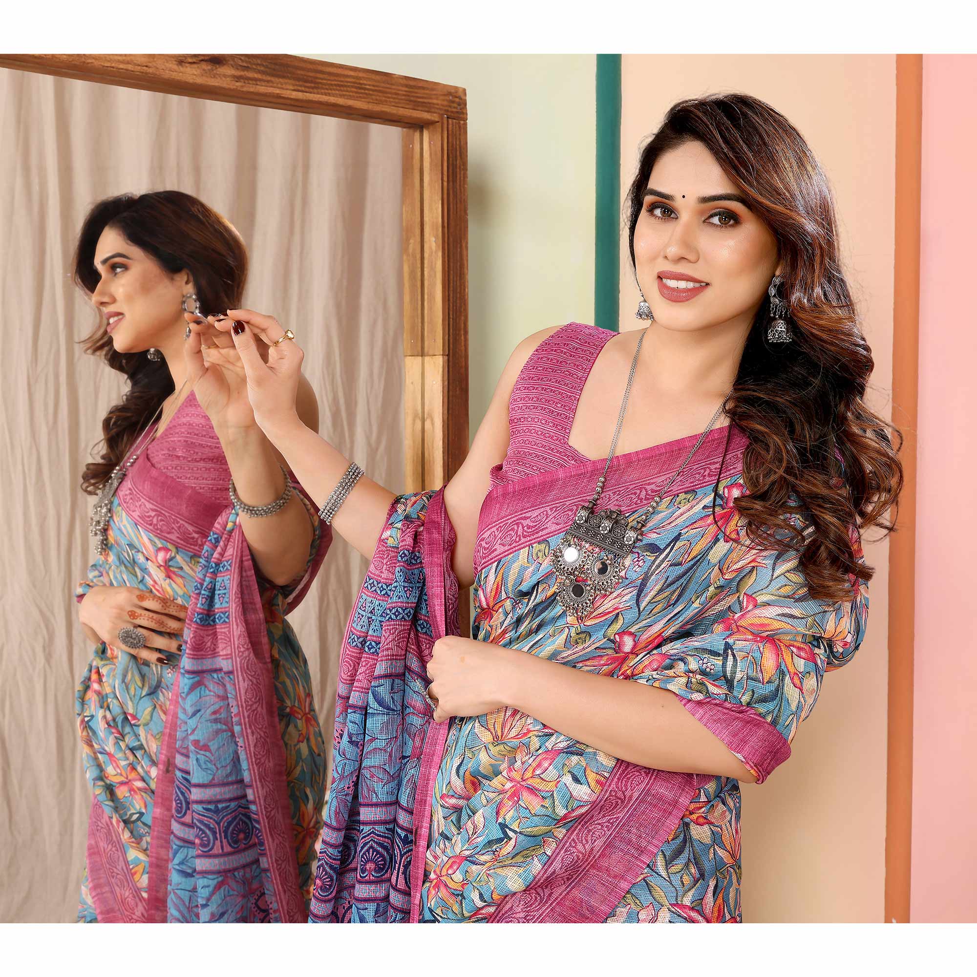Grey & Pink Floral Printed Kota Doria Saree