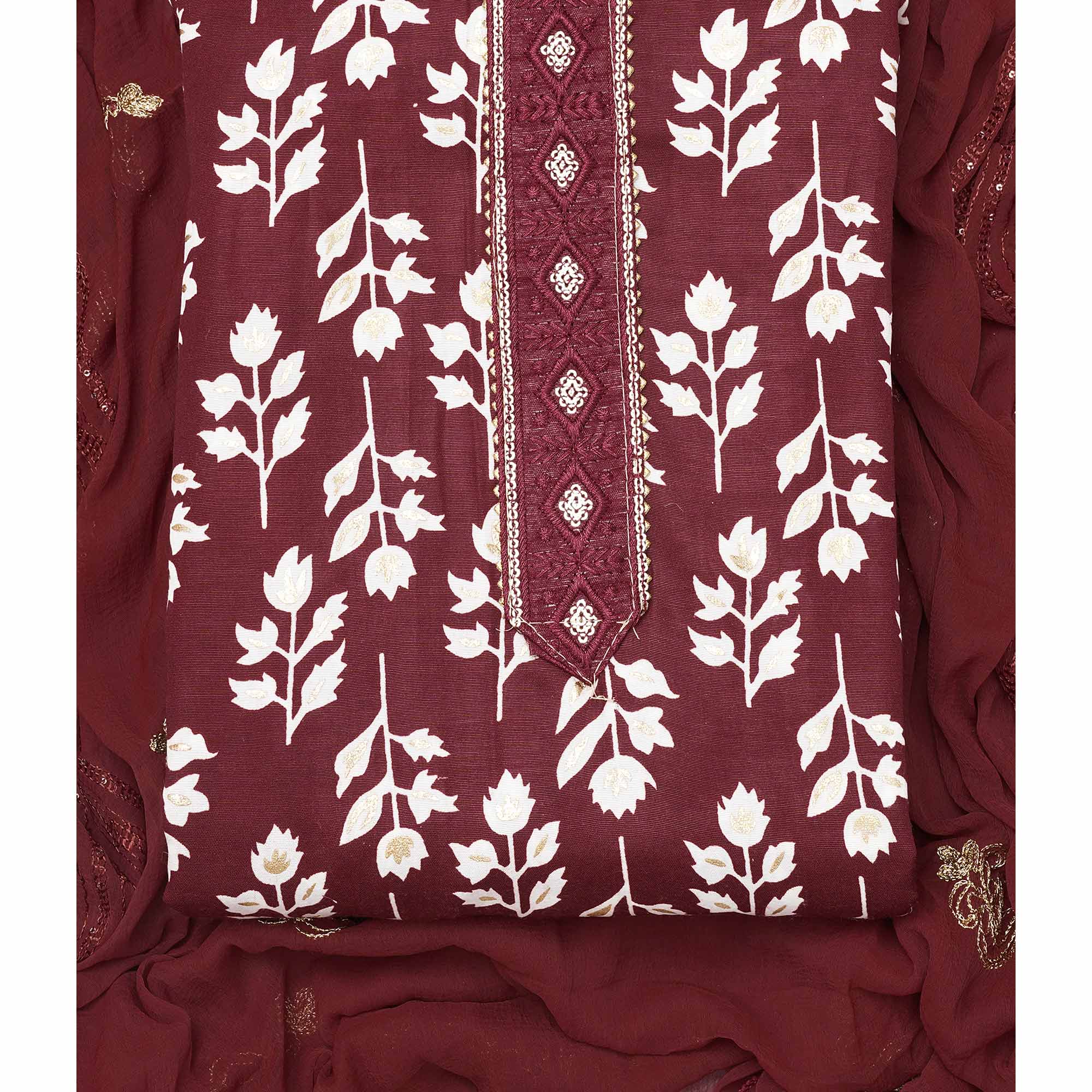 Maroon Foil Printed Cotton Blend Dress Material