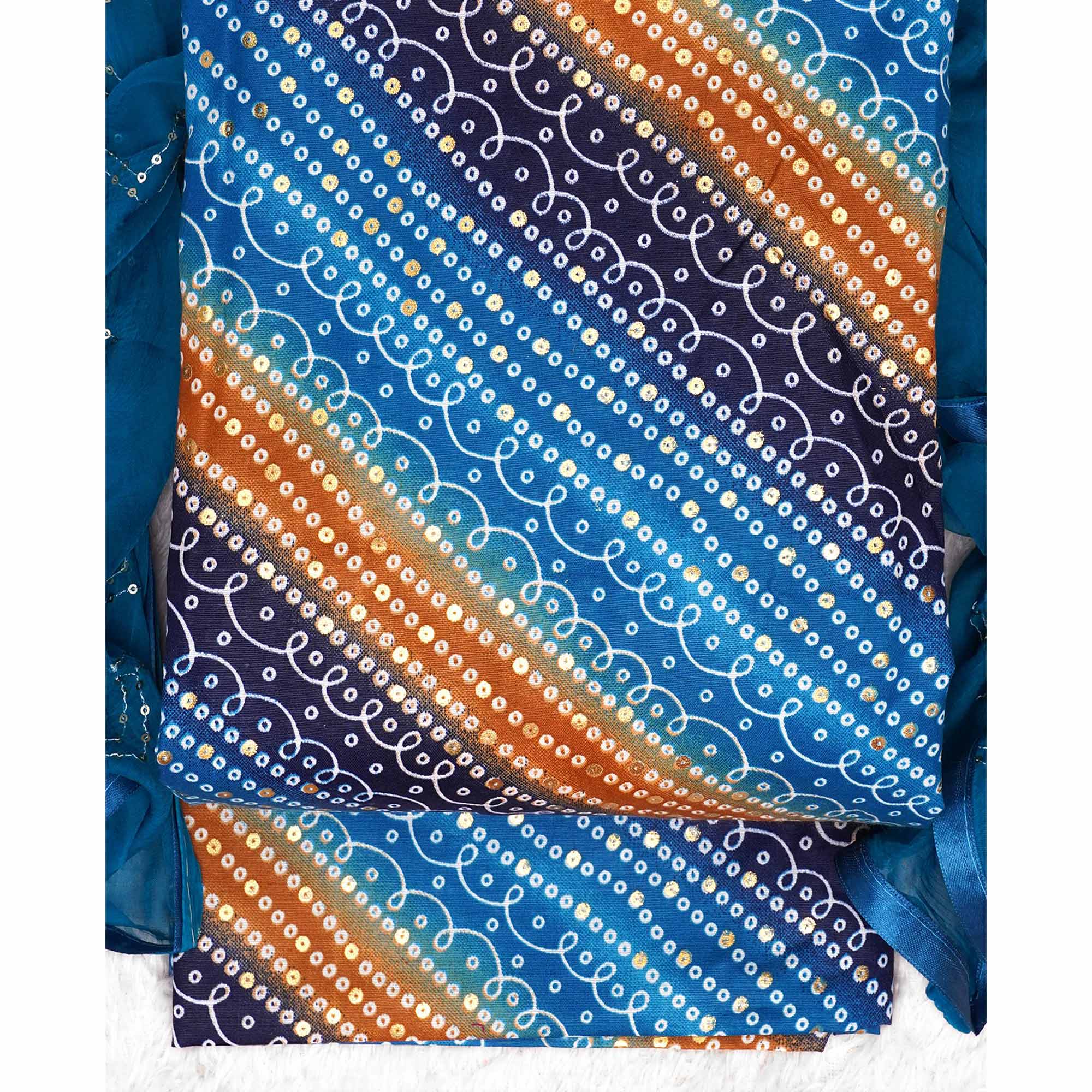 Blue Bandhani Foil Printed Dress Material