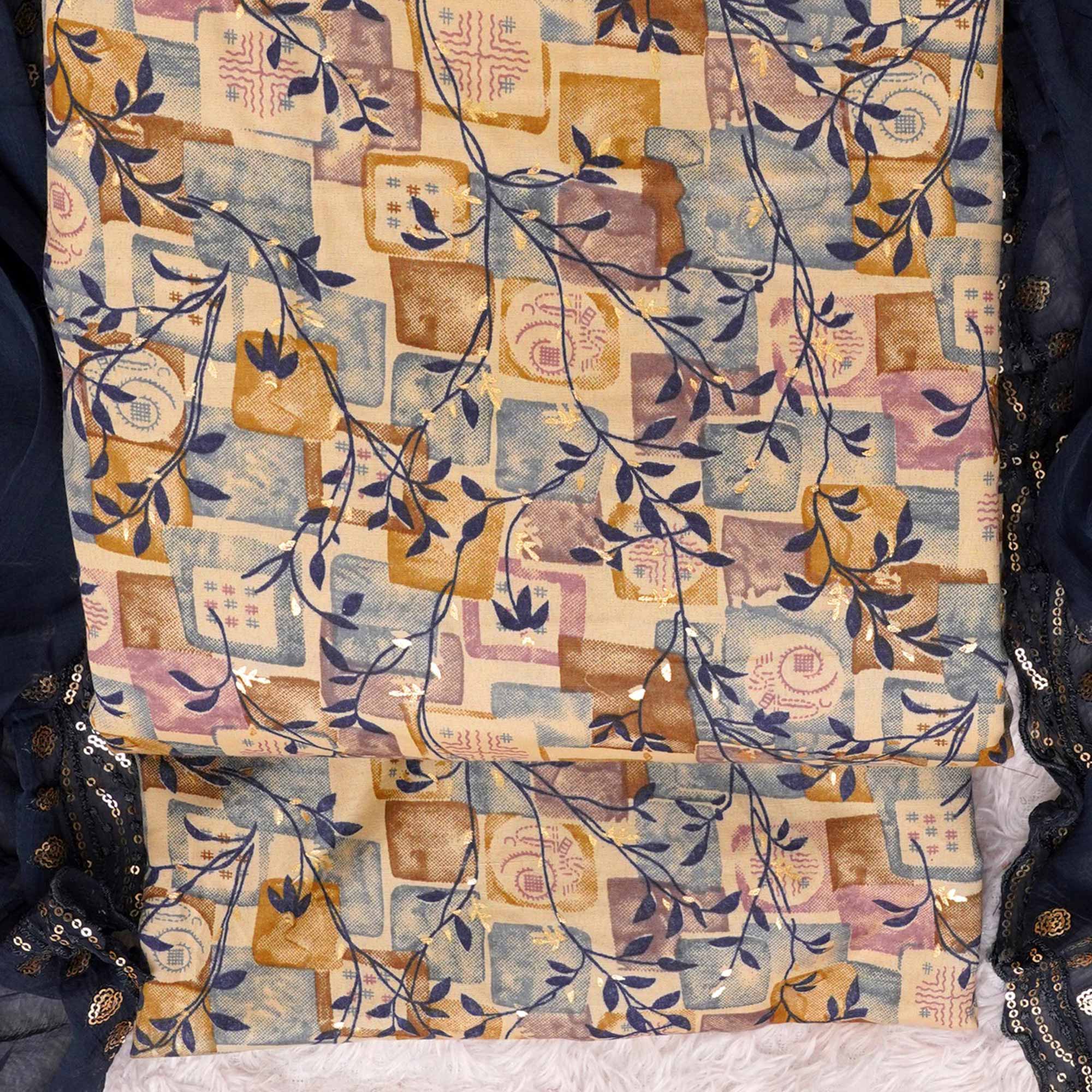 Chikoo & Blue Foil Printed Cotton Blend Dress Material