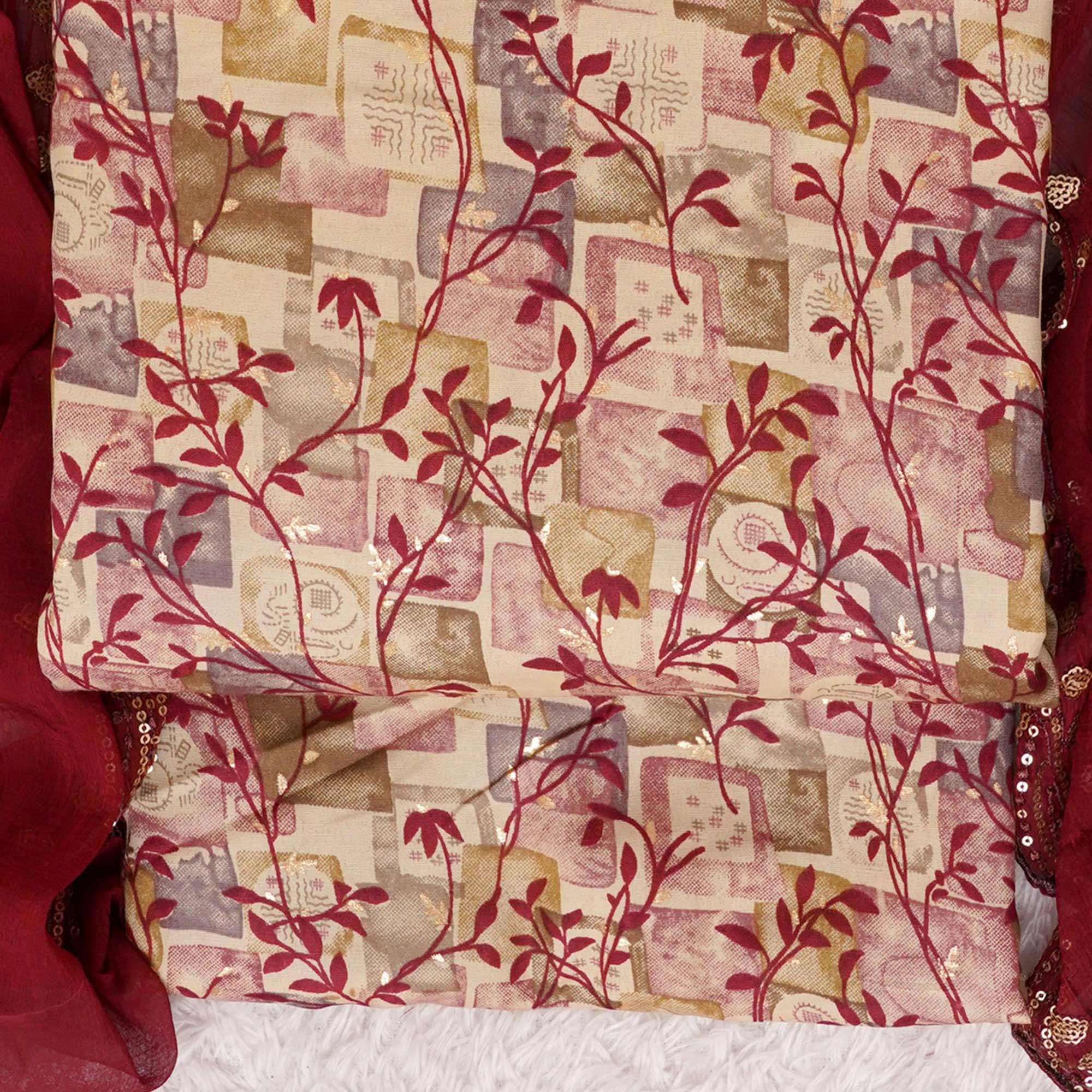 Chikoo & Maroon Foil Printed Cotton Blend Dress Material