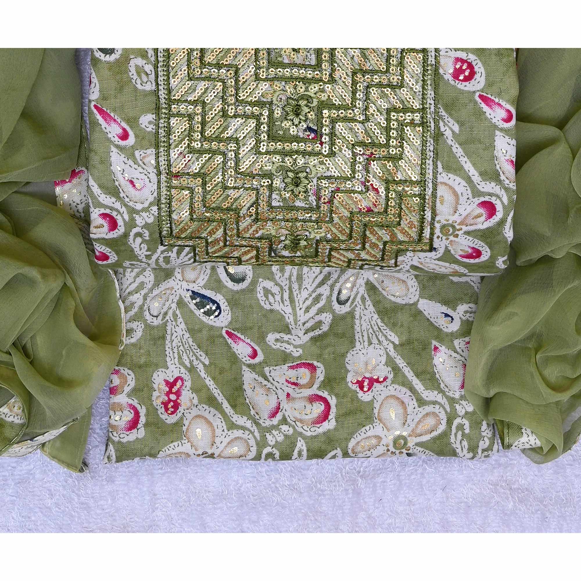 Green Foil Printed With Sequins Embroidery Cotton Blend Dress Material
