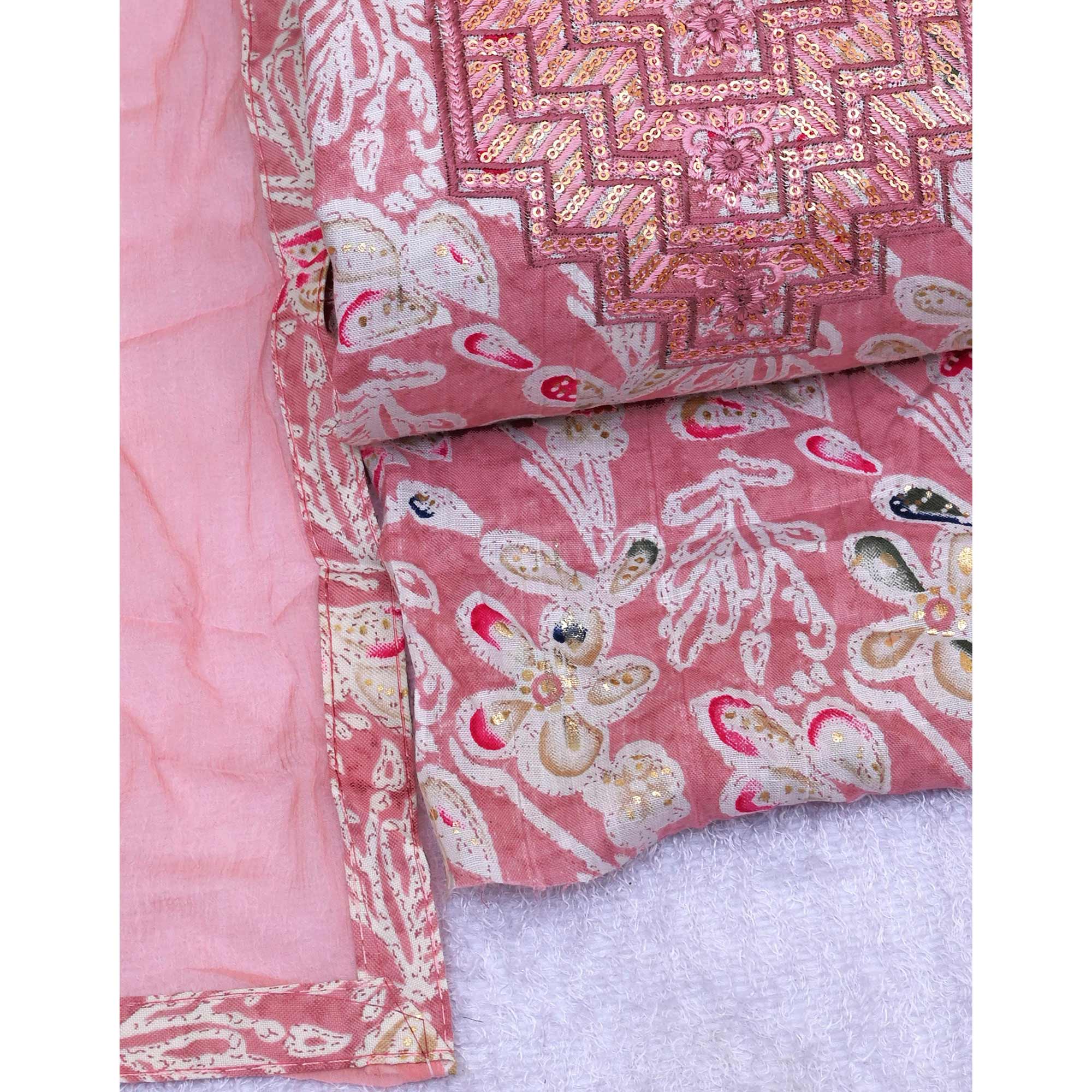 Peach Foil Printed With Sequins Embroidery Cotton Blend Dress Material