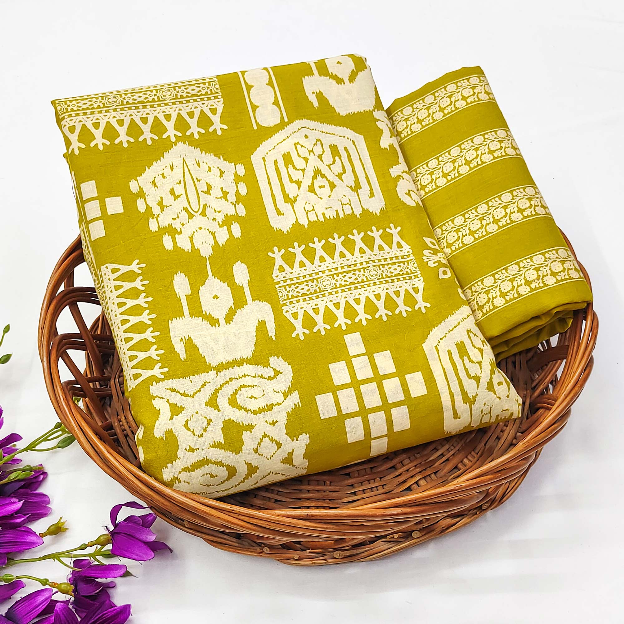 Mustard Floral Printed Pure Cotton Two Tops Dress Material