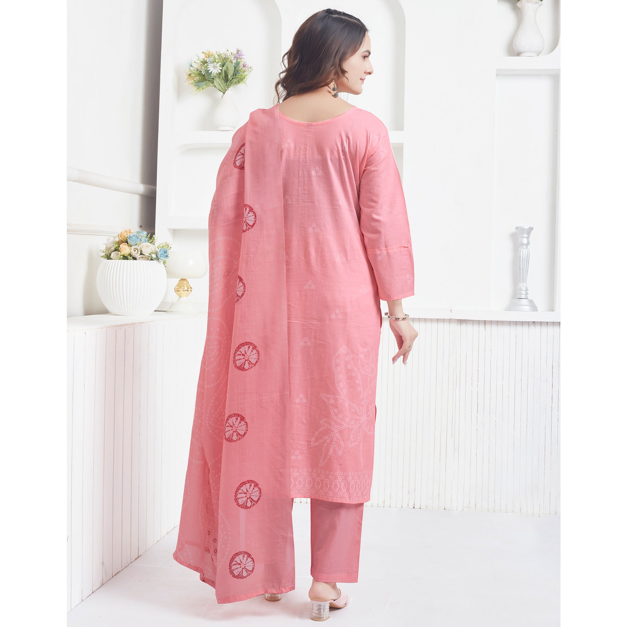 Peach Printed Pure Cotton Salwar Suit With Mirror Work