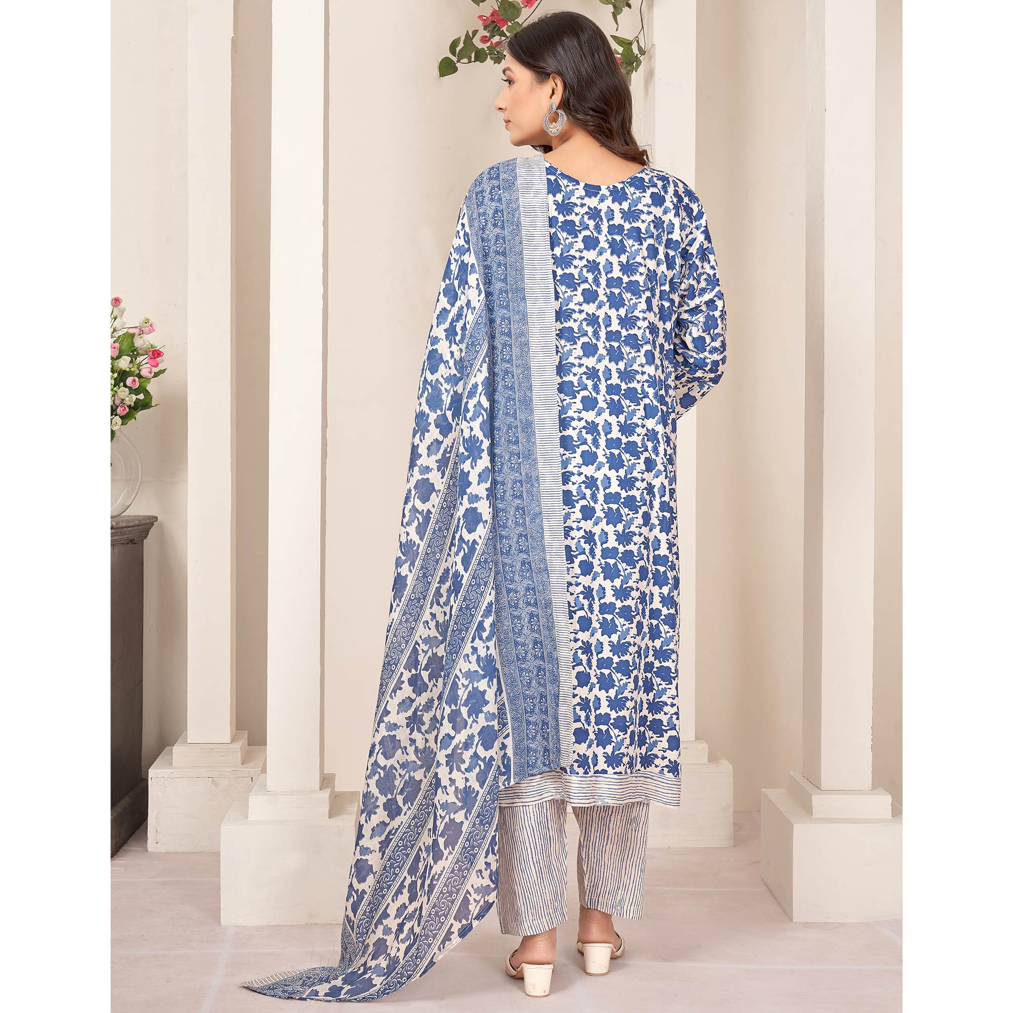 Blue Floral Printed Pure Cotton Salwar Suit
