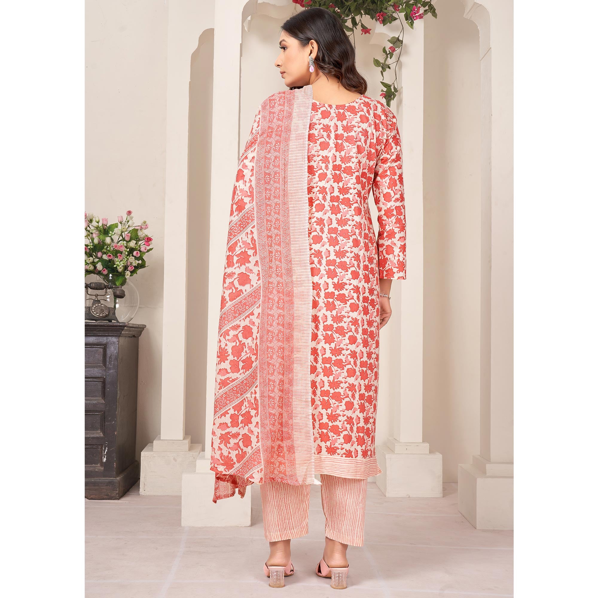 Peach Floral Printed Pure Cotton Salwar Suit