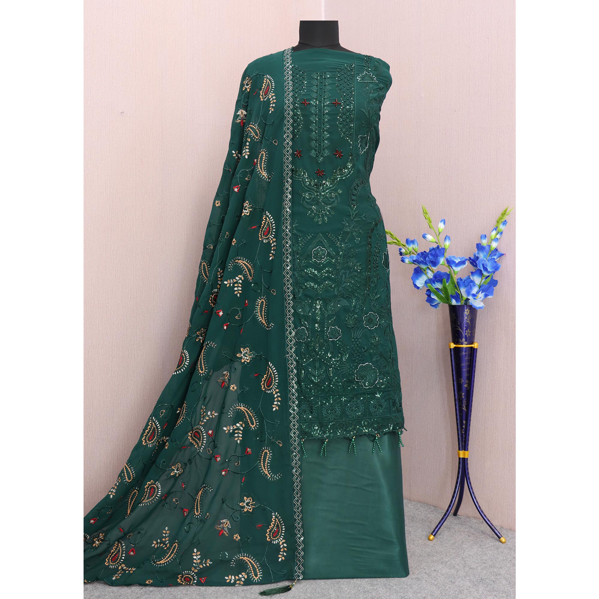 Green Embroidered Georgette Semi Stitched Pakistani Suit