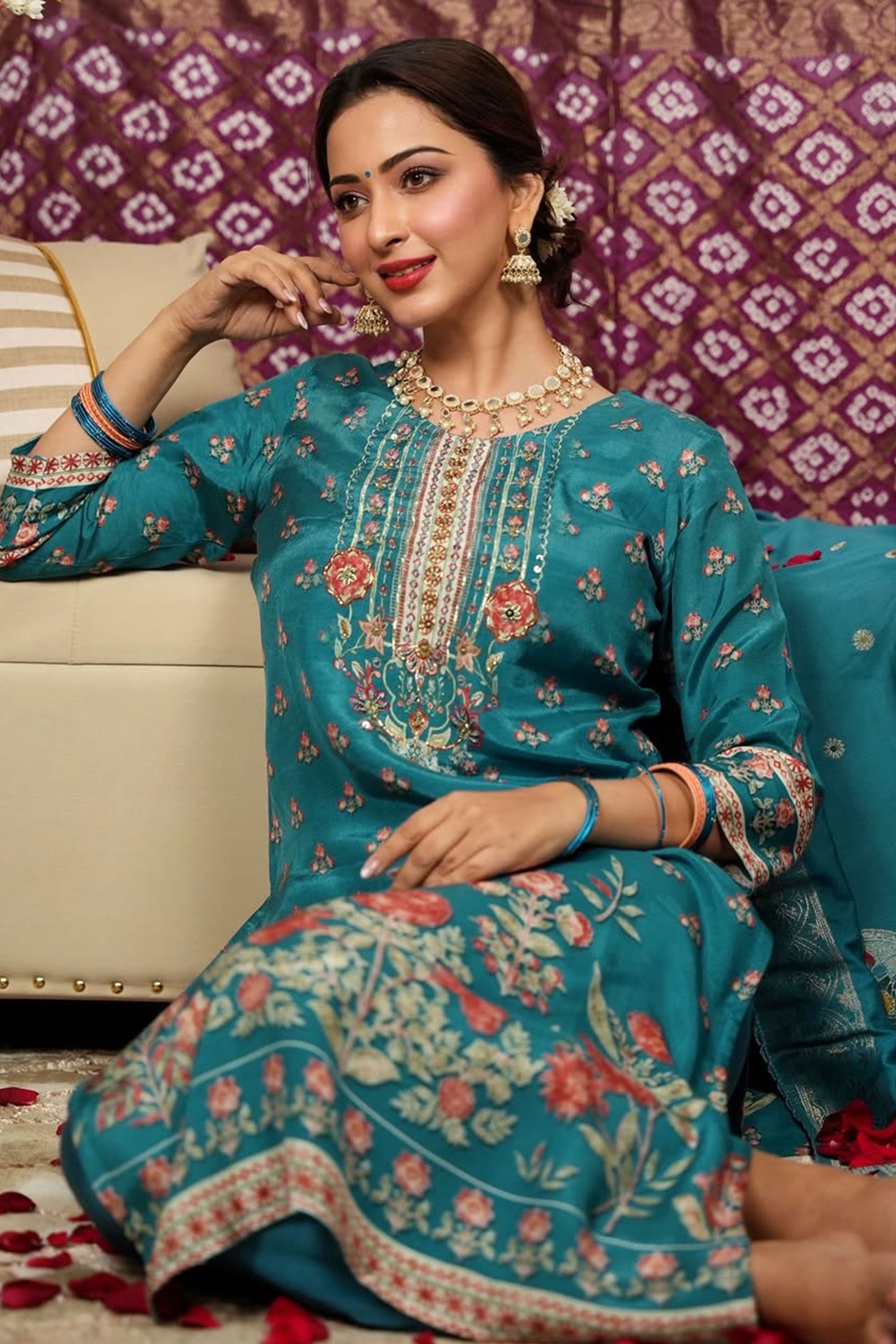 Beautiful Turquoise Floral Printed Straight Suit Designed in Lightweight Pure Muslin