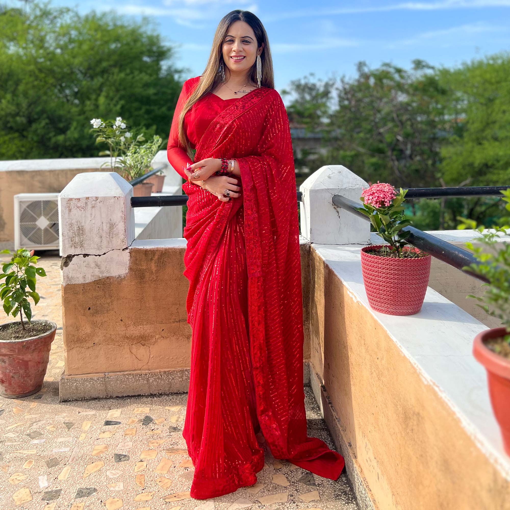 Red Sequins Embroidered Georgette Saree