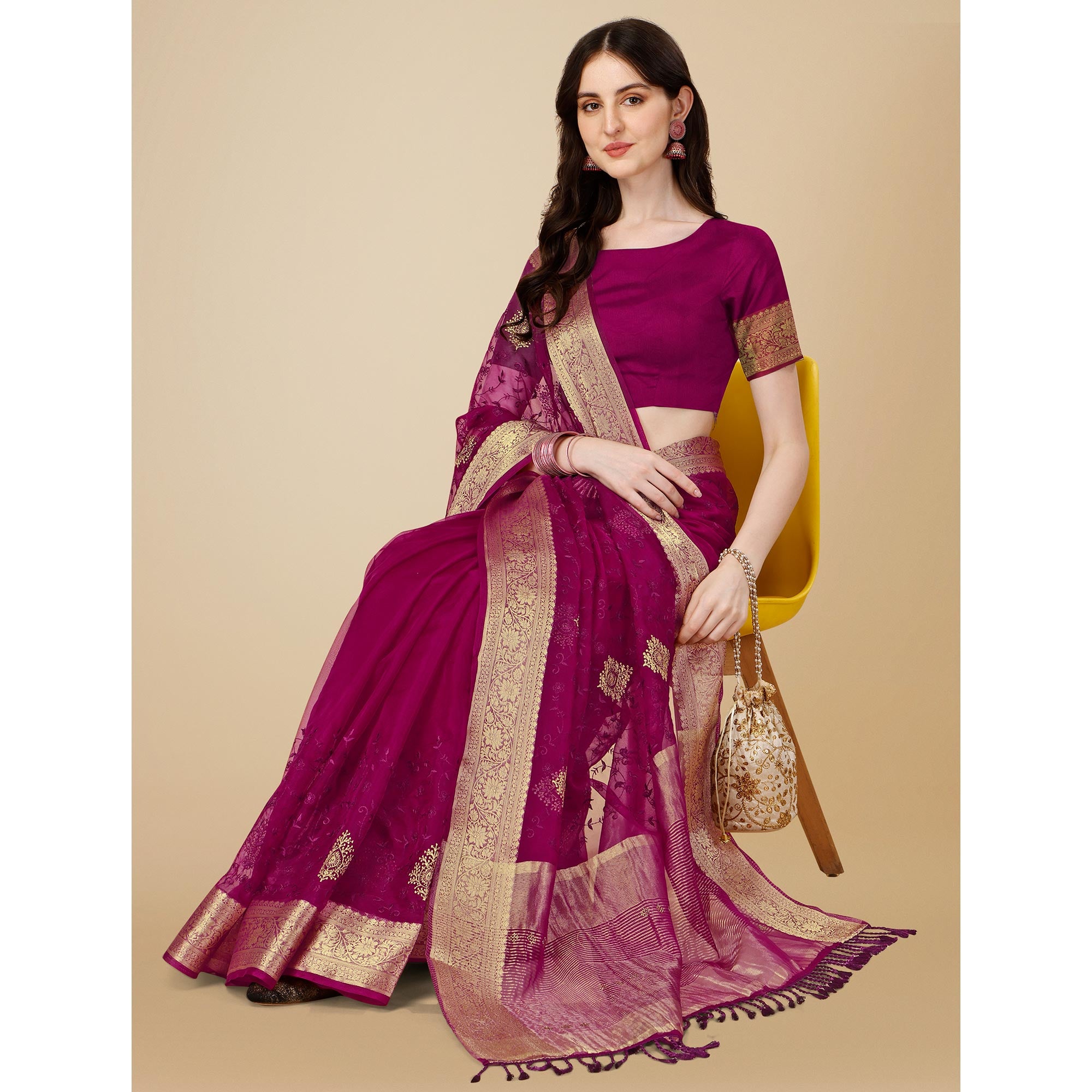 Purple Floral Embroidered Organza Saree