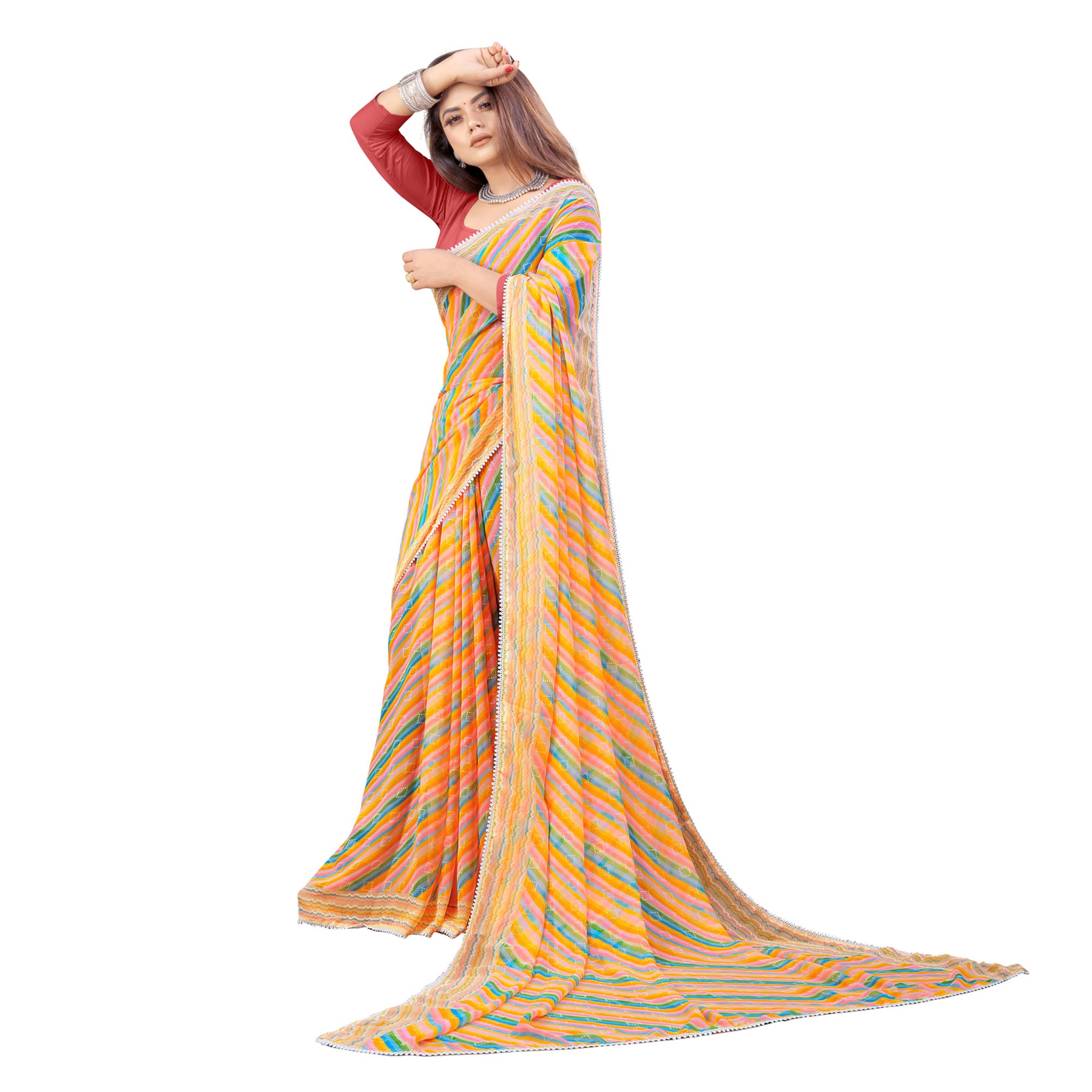 Yellow Striped Printed Georgette Saree
