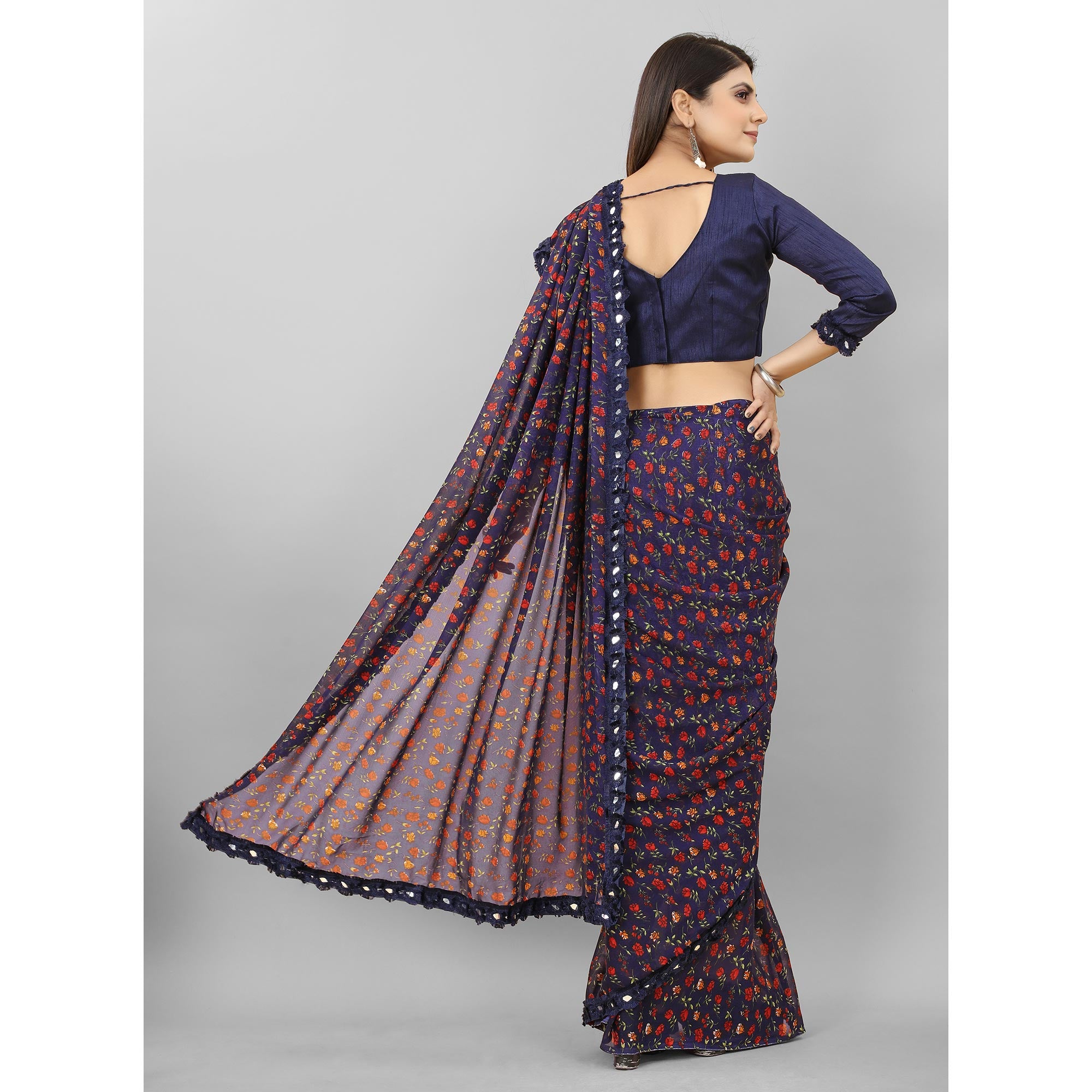 Navy Blue Floral Printed Georgette Saree
