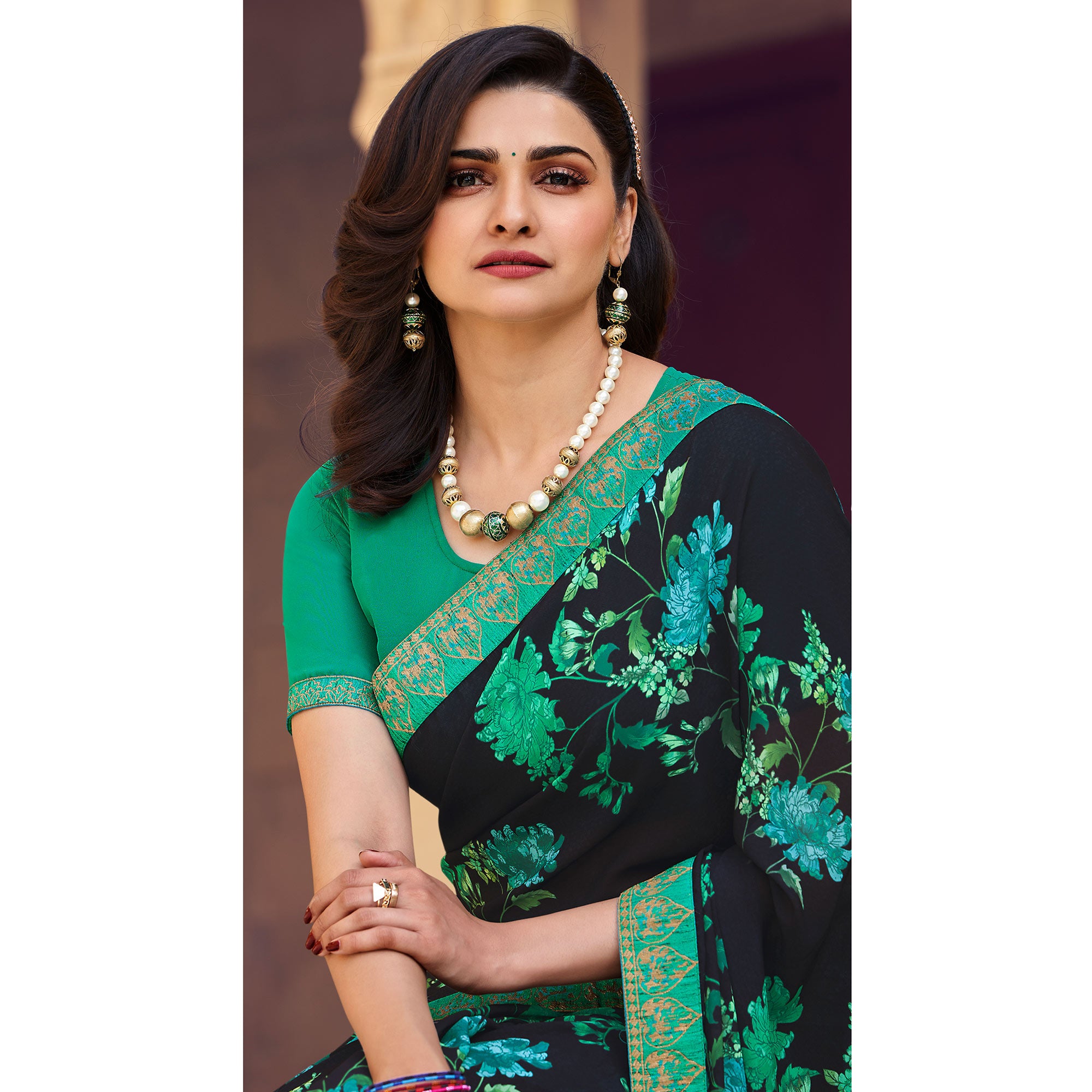 Black Floral Printed Georgette Saree