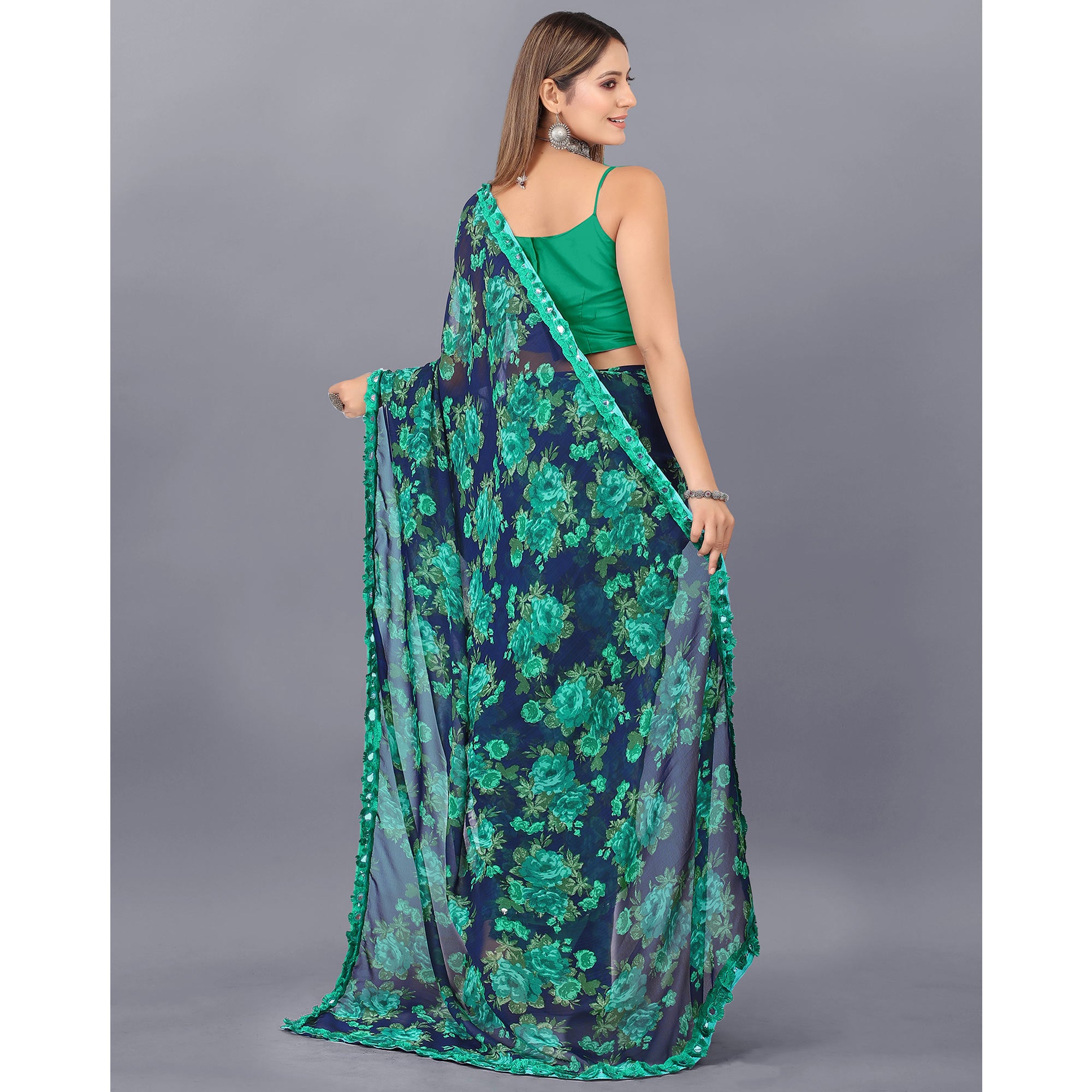 Blue Floral Printed Georgette Saree With Lace Border
