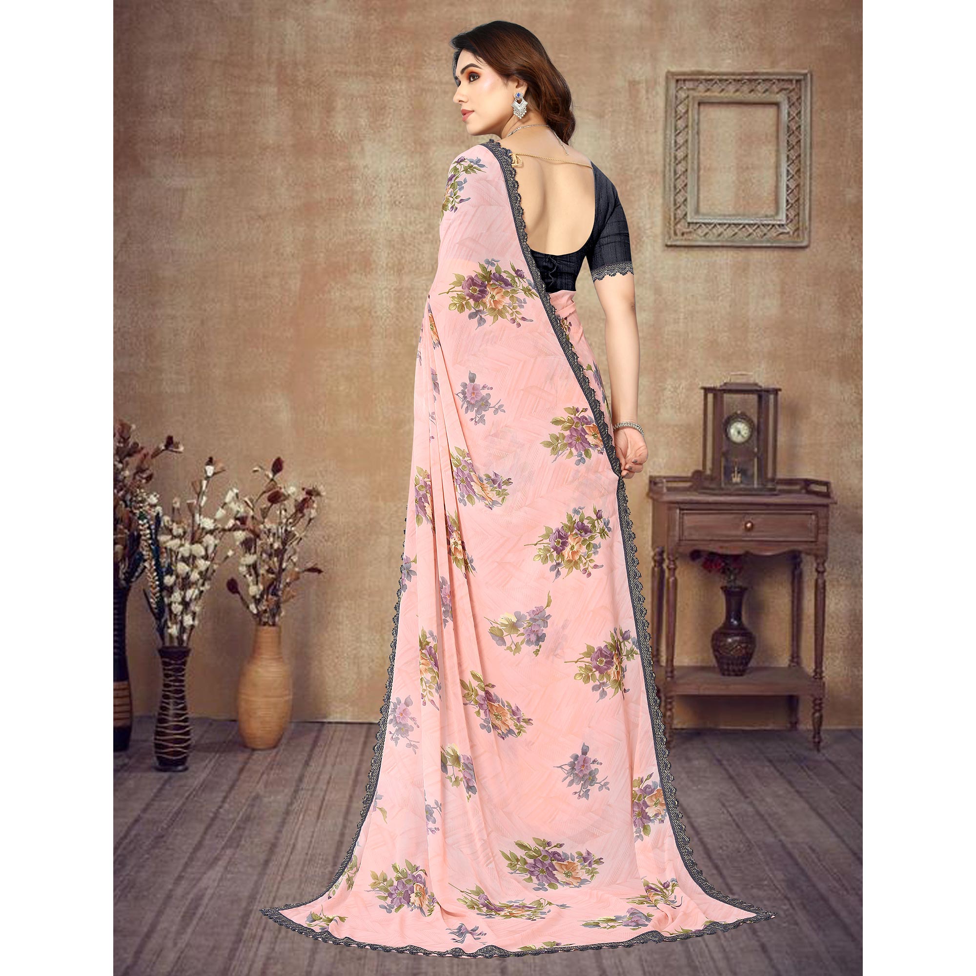 Peach Floral Printed Georgette Saree With Lace Border