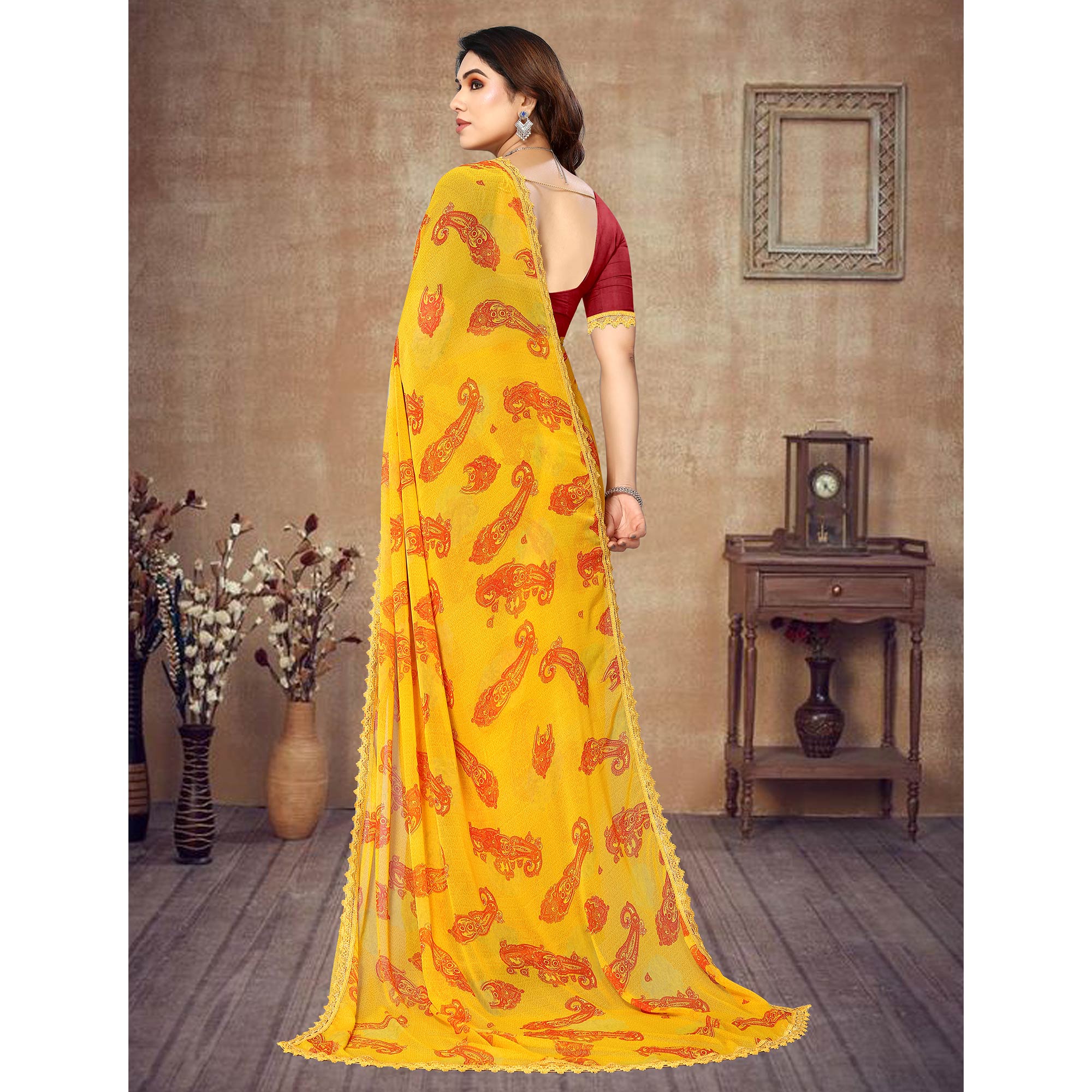 Yellow Floral Printed Georgette Saree With Lace Border