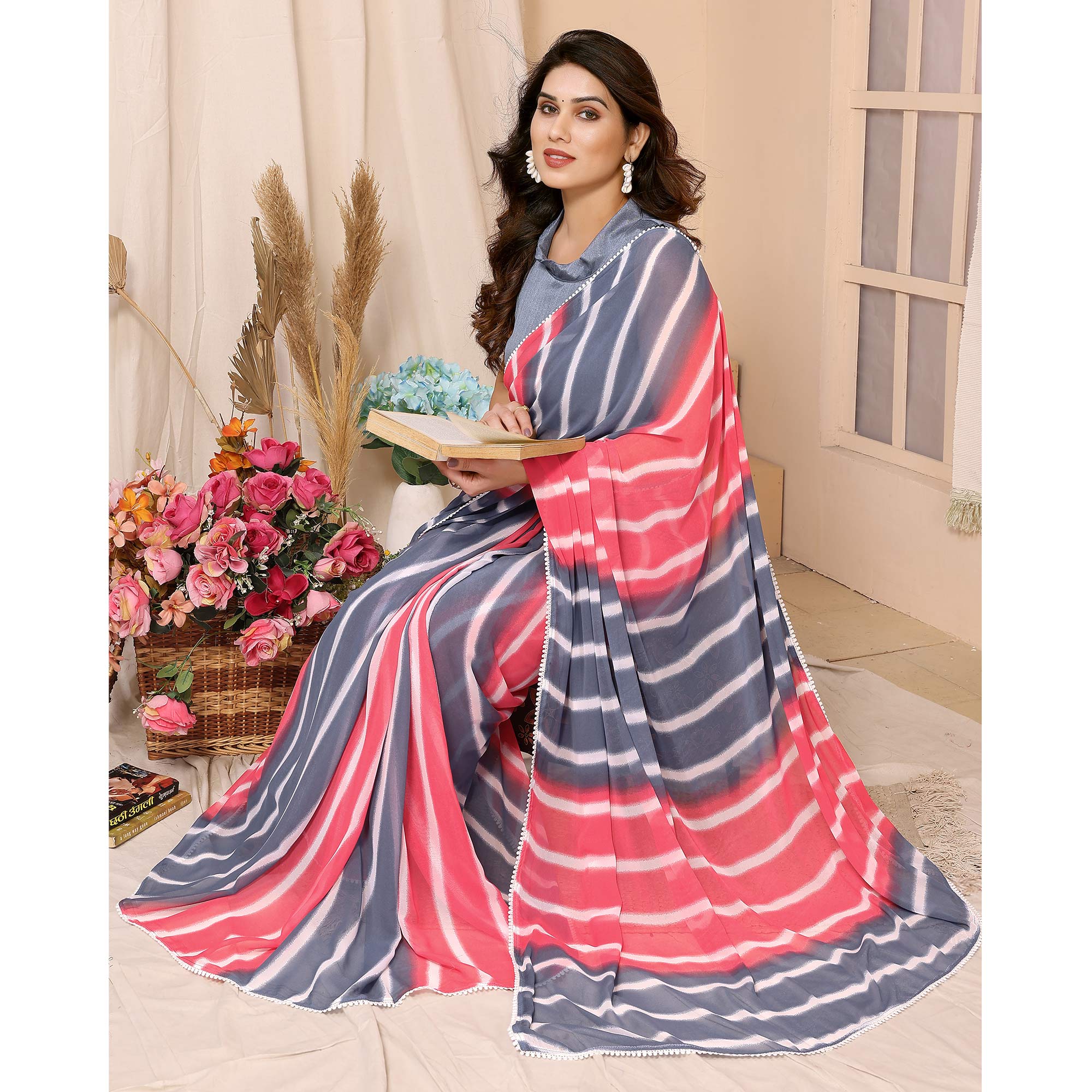 Pink & Grey Leheriya Printed Ready To Wear Georgette Saree