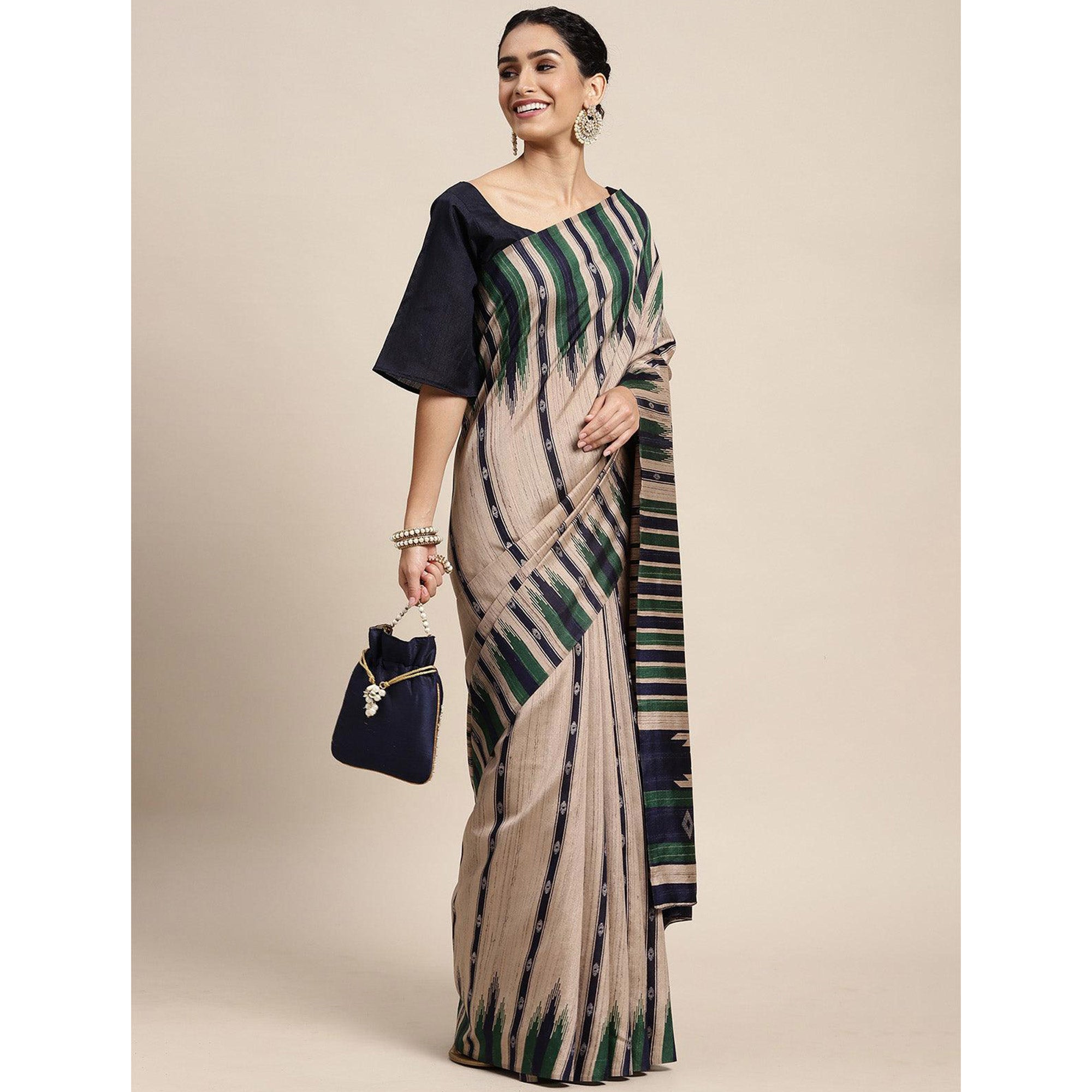 Beige Digital Printed Dola Silk Saree