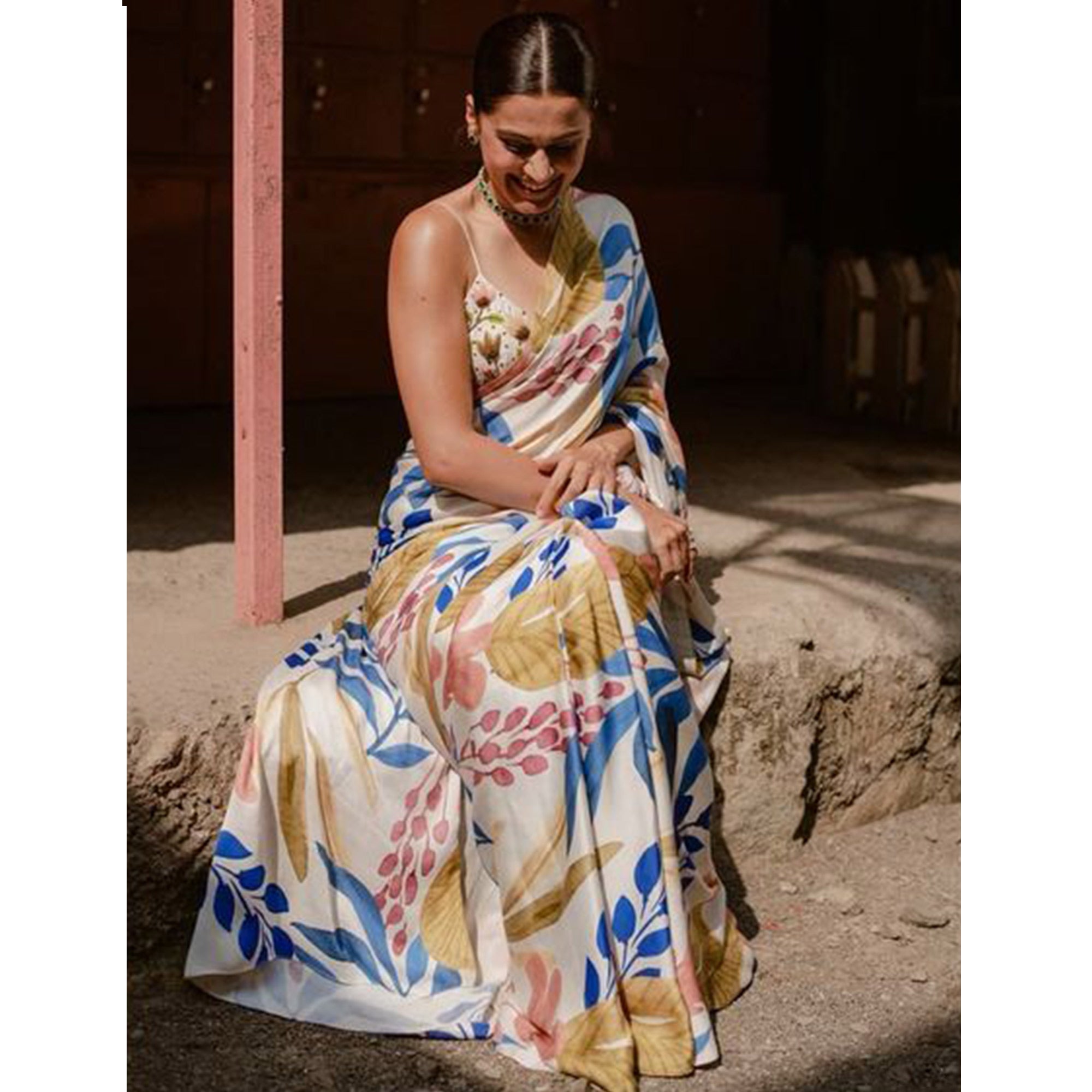 Off White Digital Printed Chinon Saree