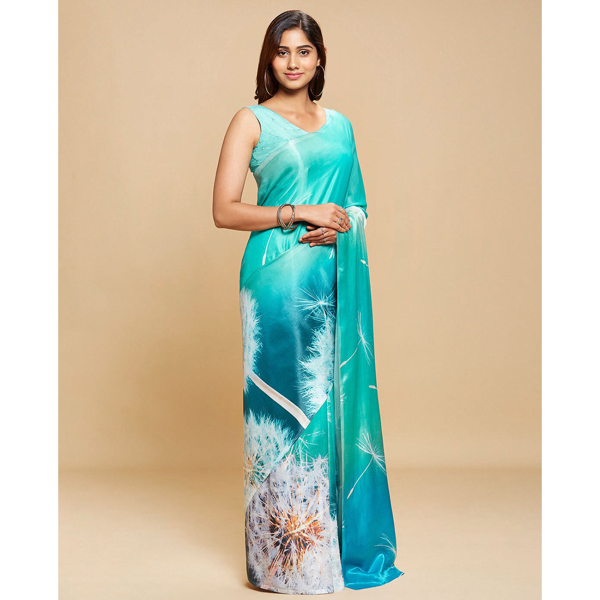 Turquoise Digital Printed Chinon Saree