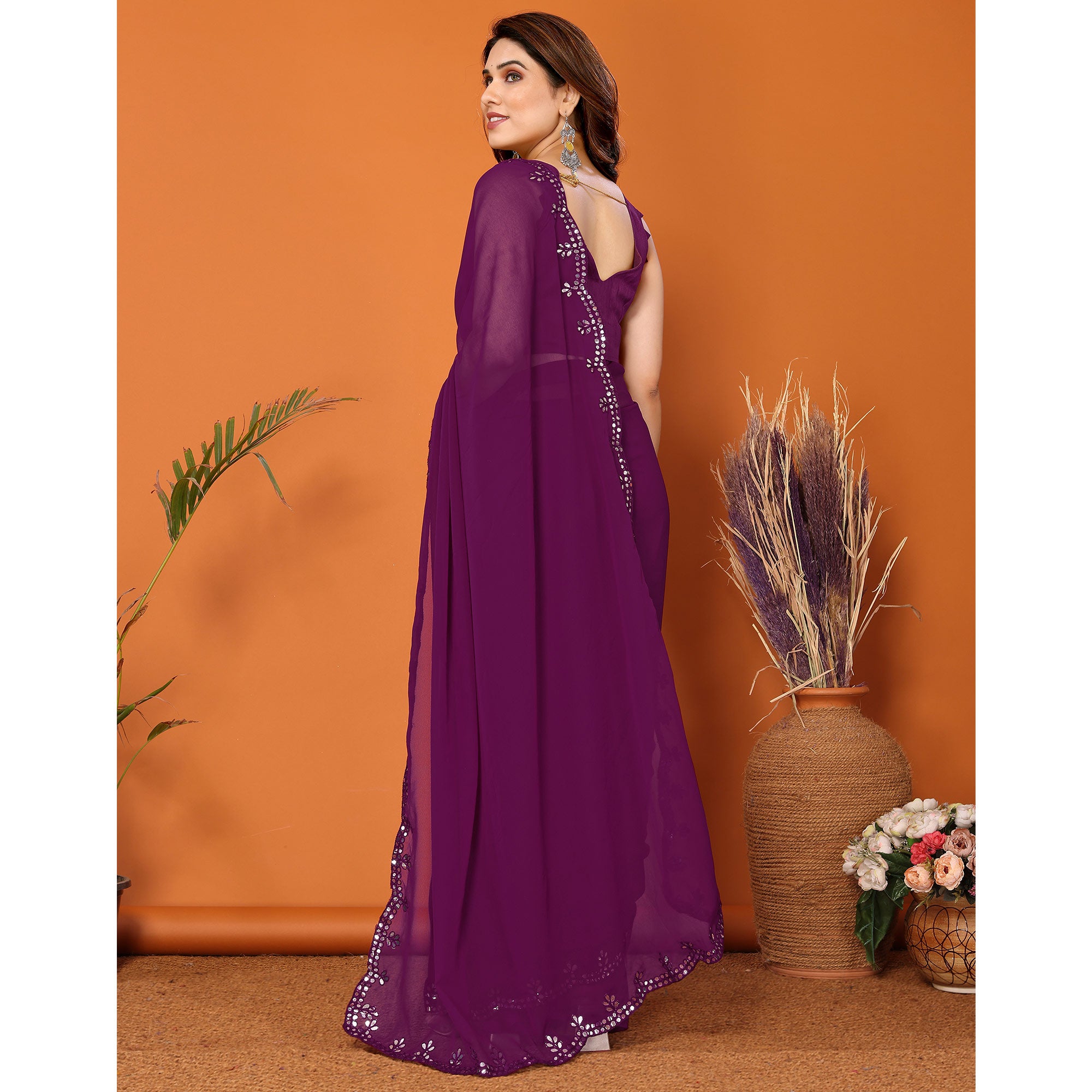 Purple Embellished Georgette Saree With Mirror Work