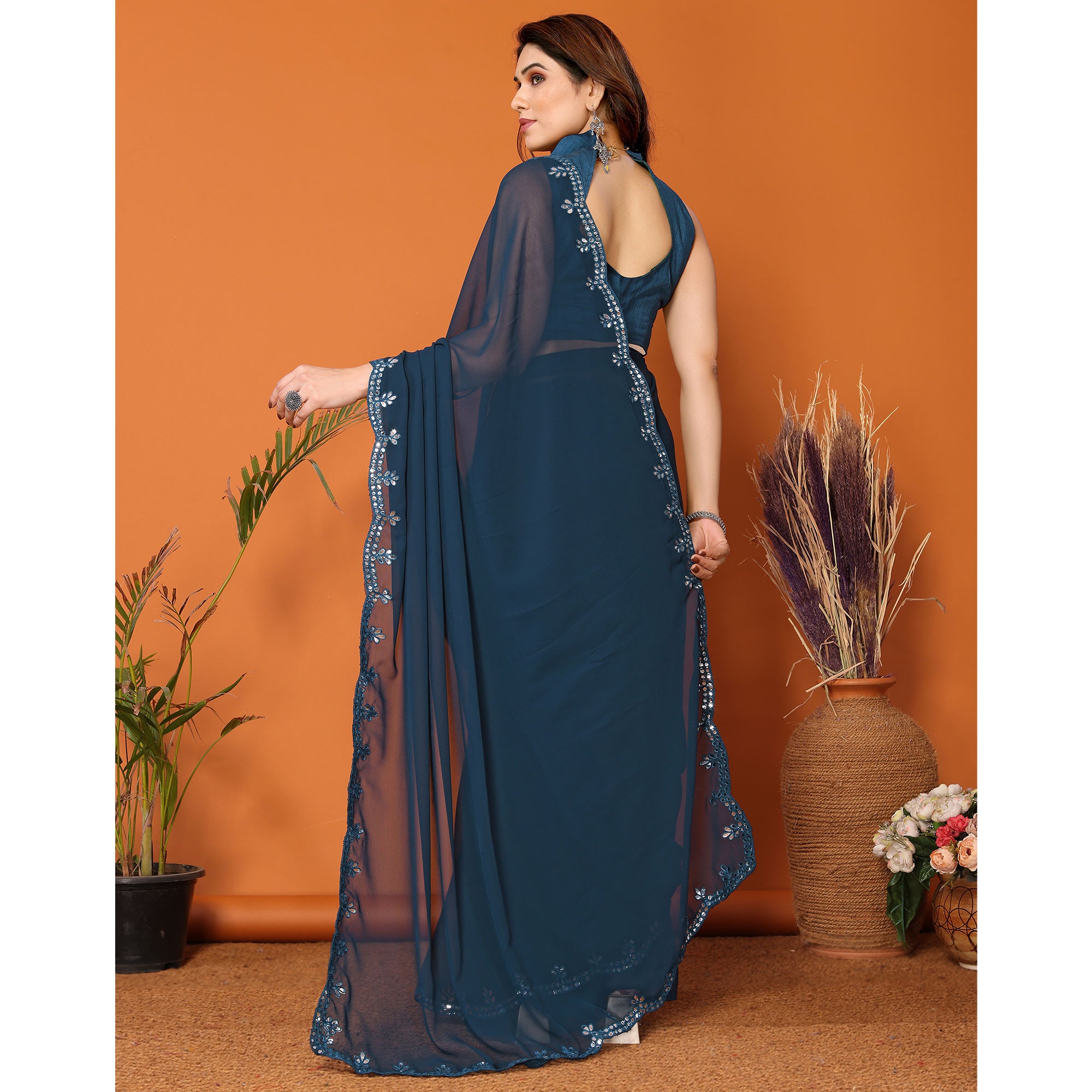 Teal Embellished Georgette Saree With Mirror Work