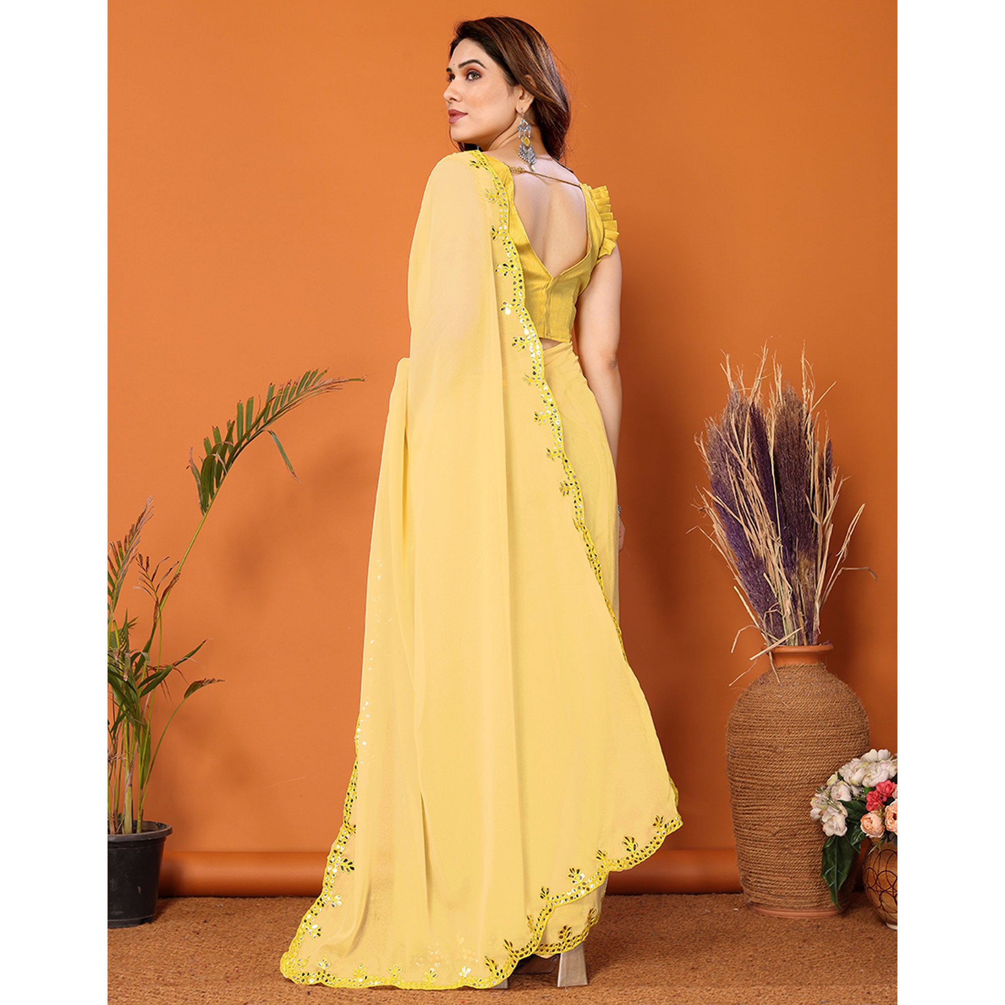 Yellow Embellished Georgette Saree With Mirror Work