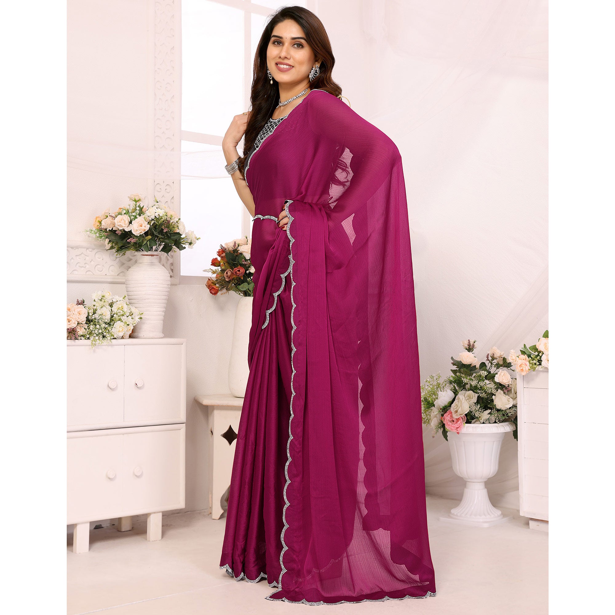 Magenta Solid Chiffon Saree With Stone Work Border