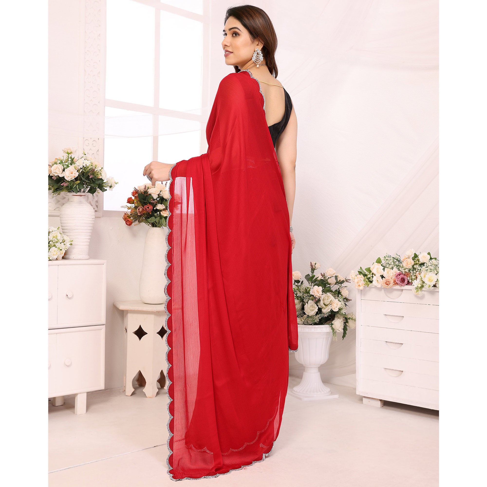 Red Solid Chiffon Saree With Stone Work Border