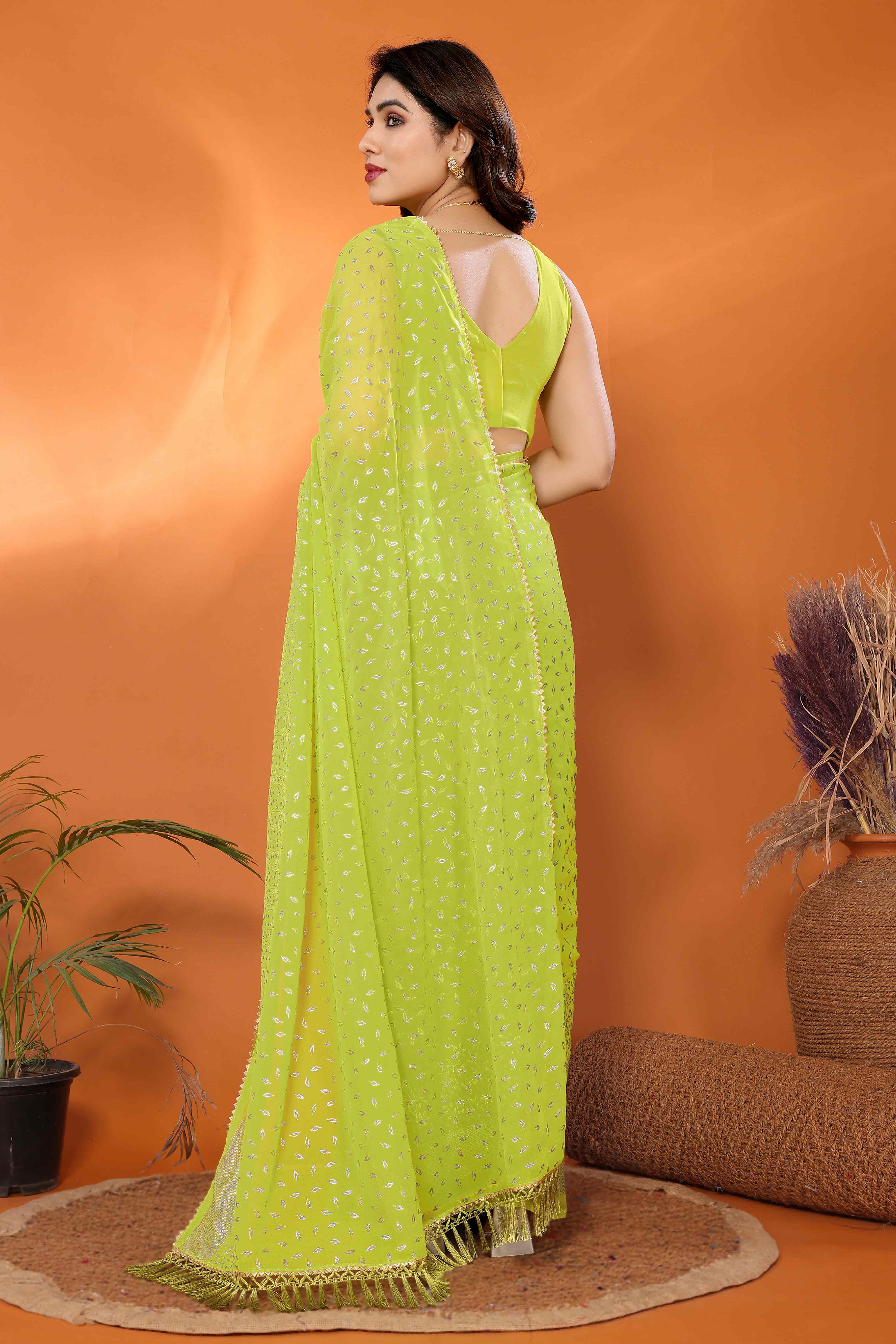 Green Foil Printed Georgette Saree