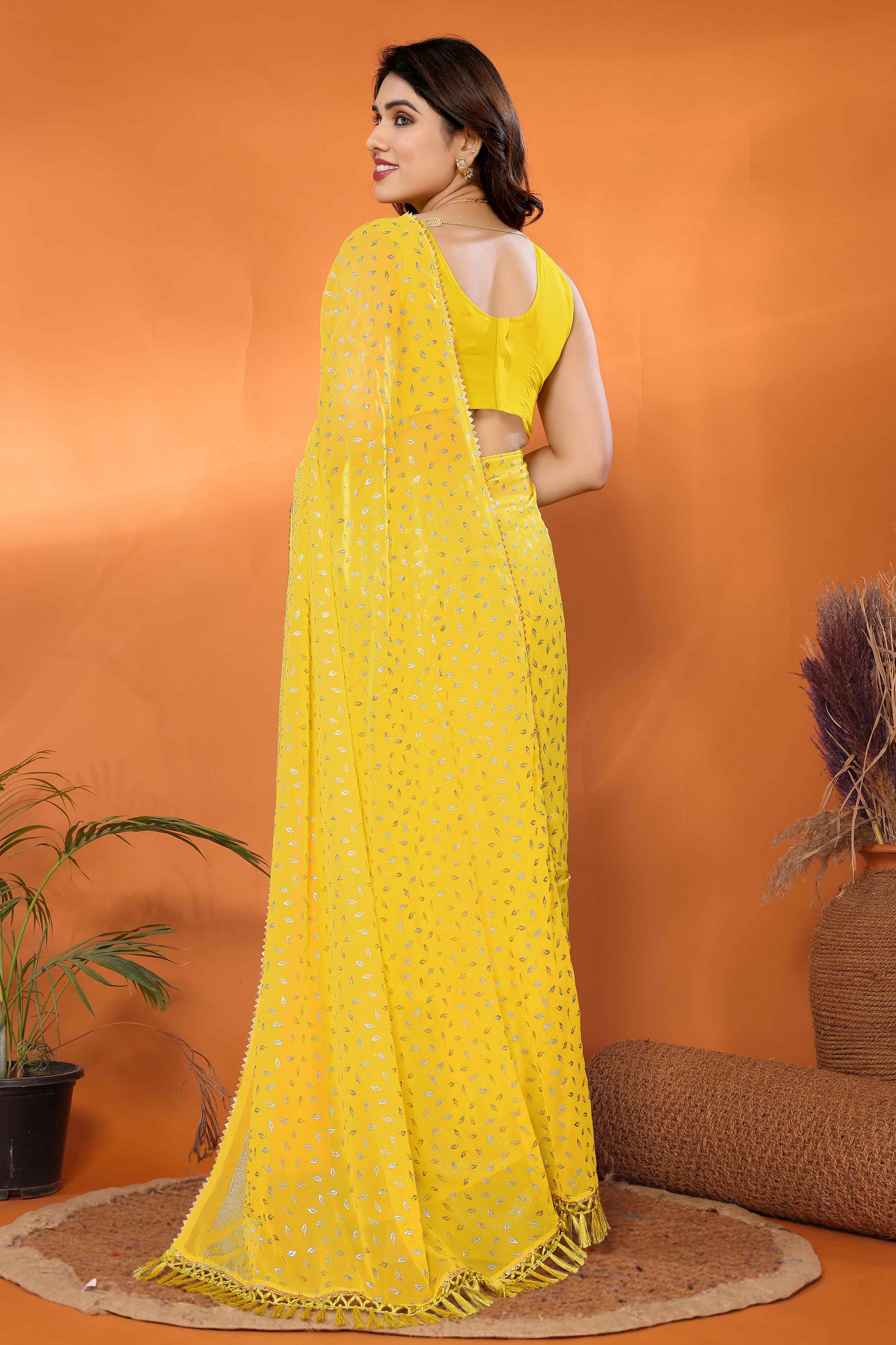 Yellow Foil Printed Georgette Saree