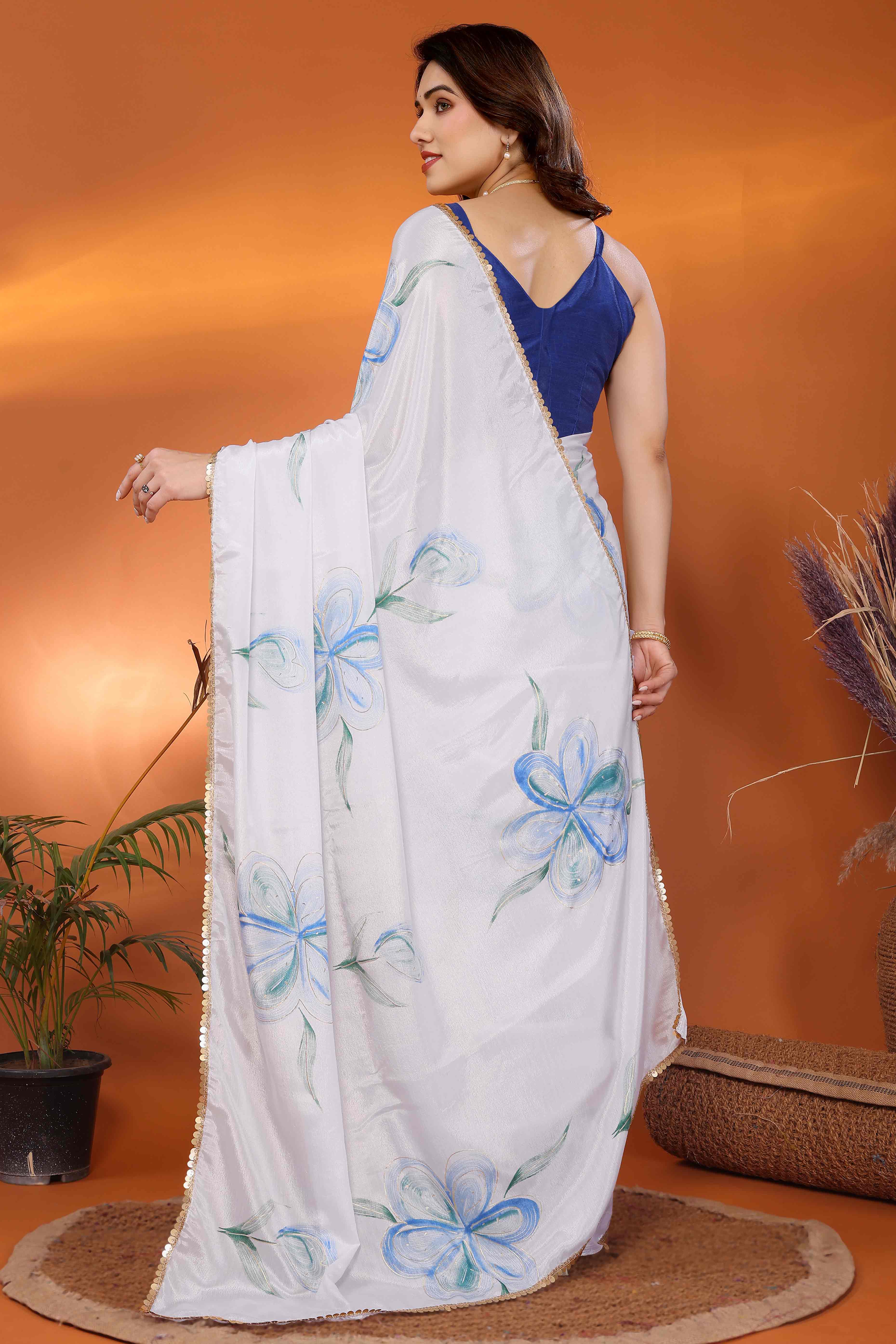 White & Blue Floral Printed Chiffon Saree
