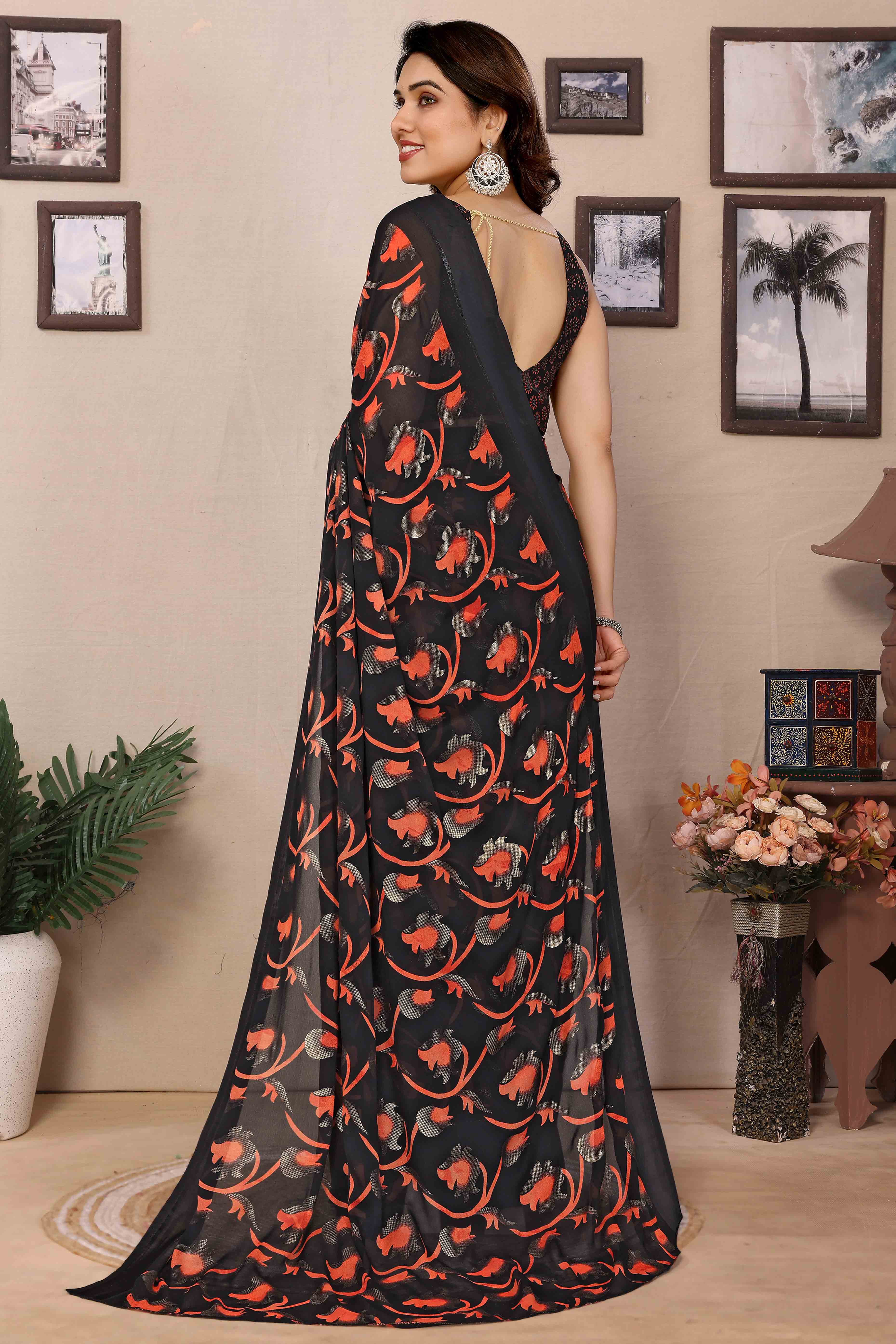 Black Floral Printed Georgette Saree