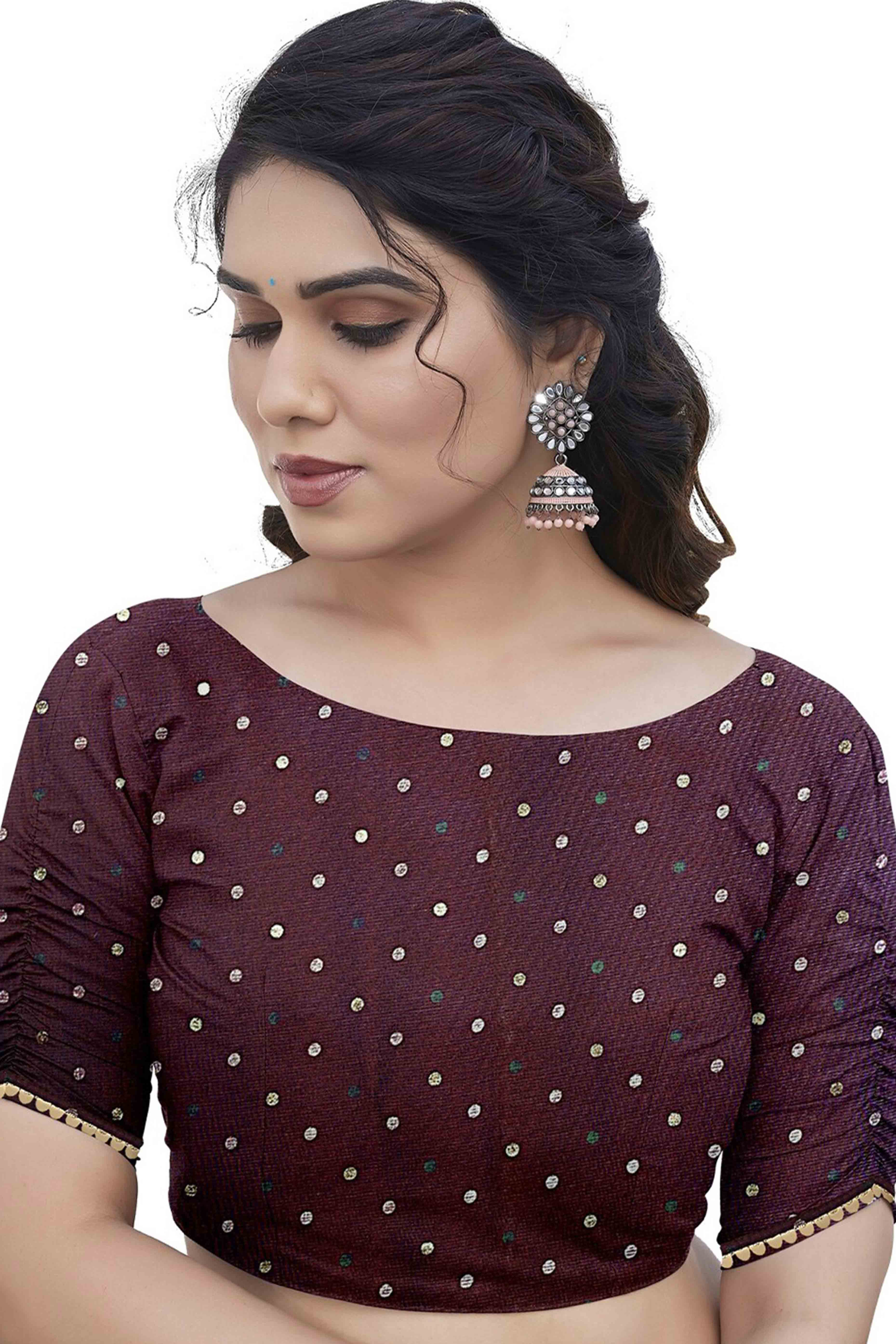 Dark Wine Chiffon Saree With Zig-Zag Foil Print & Golden Lace Border