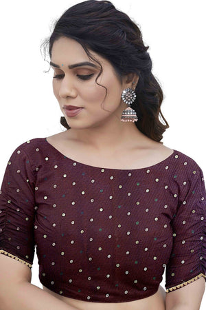 Dark Wine Chiffon Saree With Zig-Zag Foil Print & Golden Lace Border
