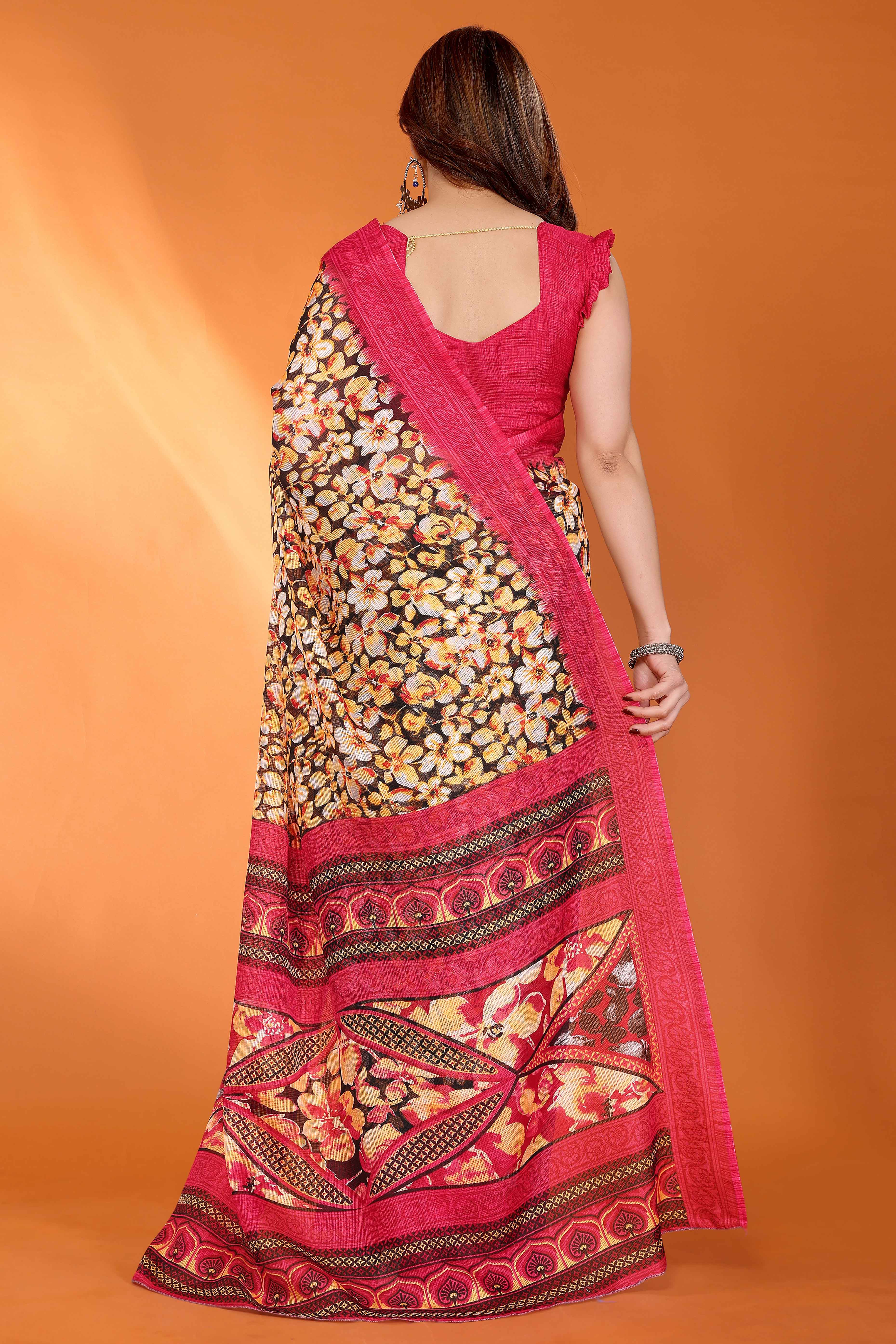Gajari Pink Kota Doria Saree with Graceful Floral Print Work