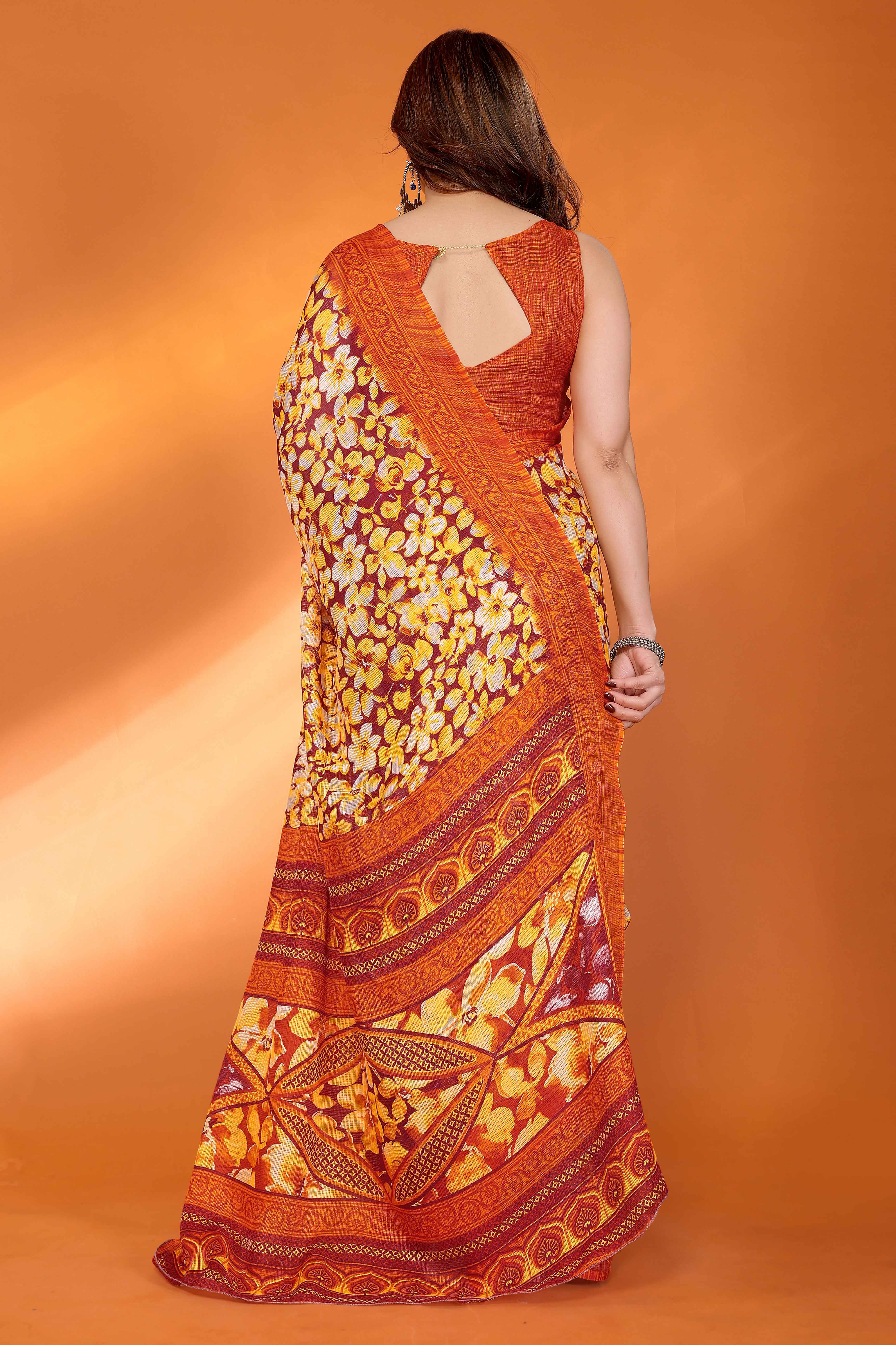 Orange Kota Doria Saree with Graceful Floral Print Work