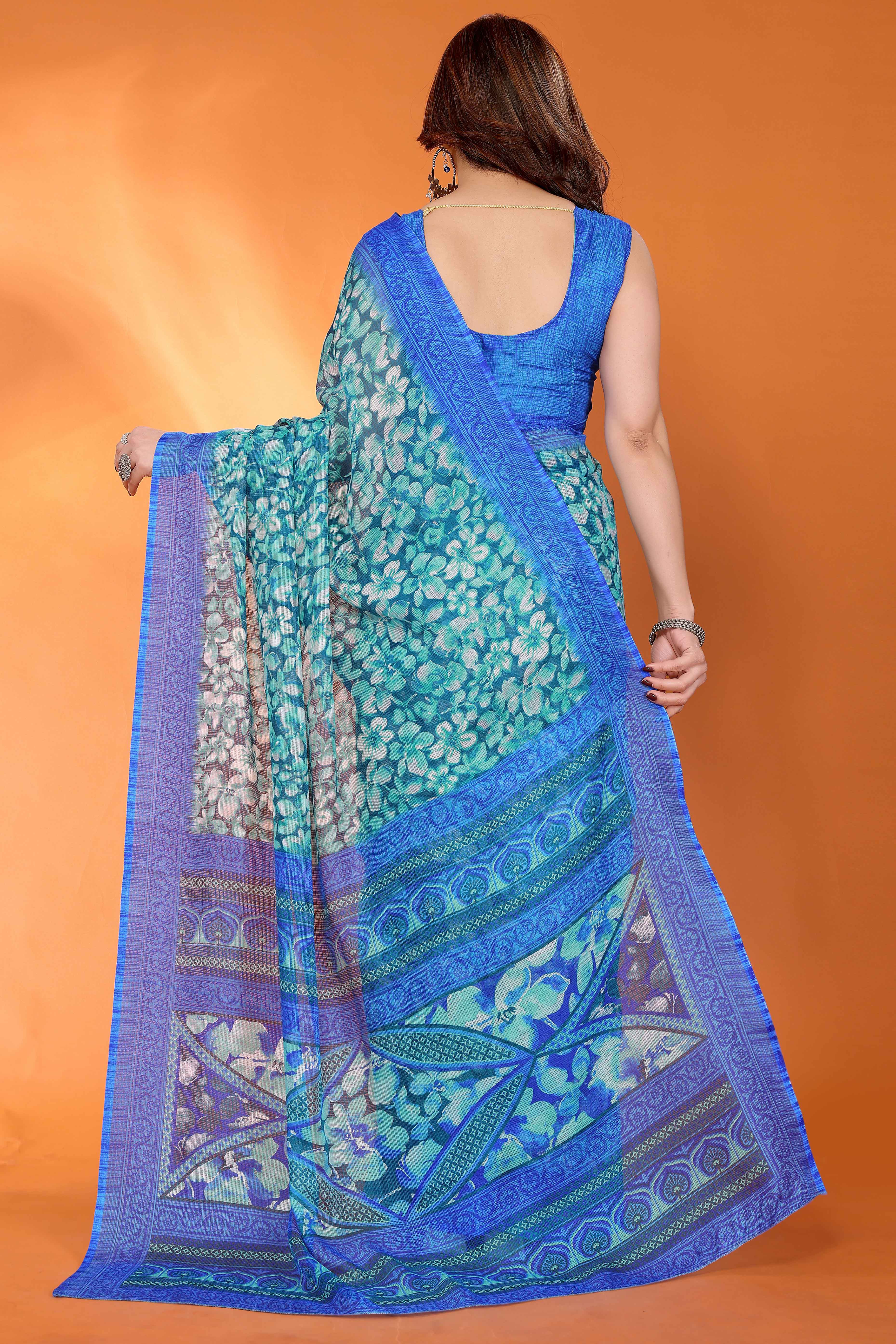 Royal Blue Kota Doria Saree with Graceful Floral Print Work