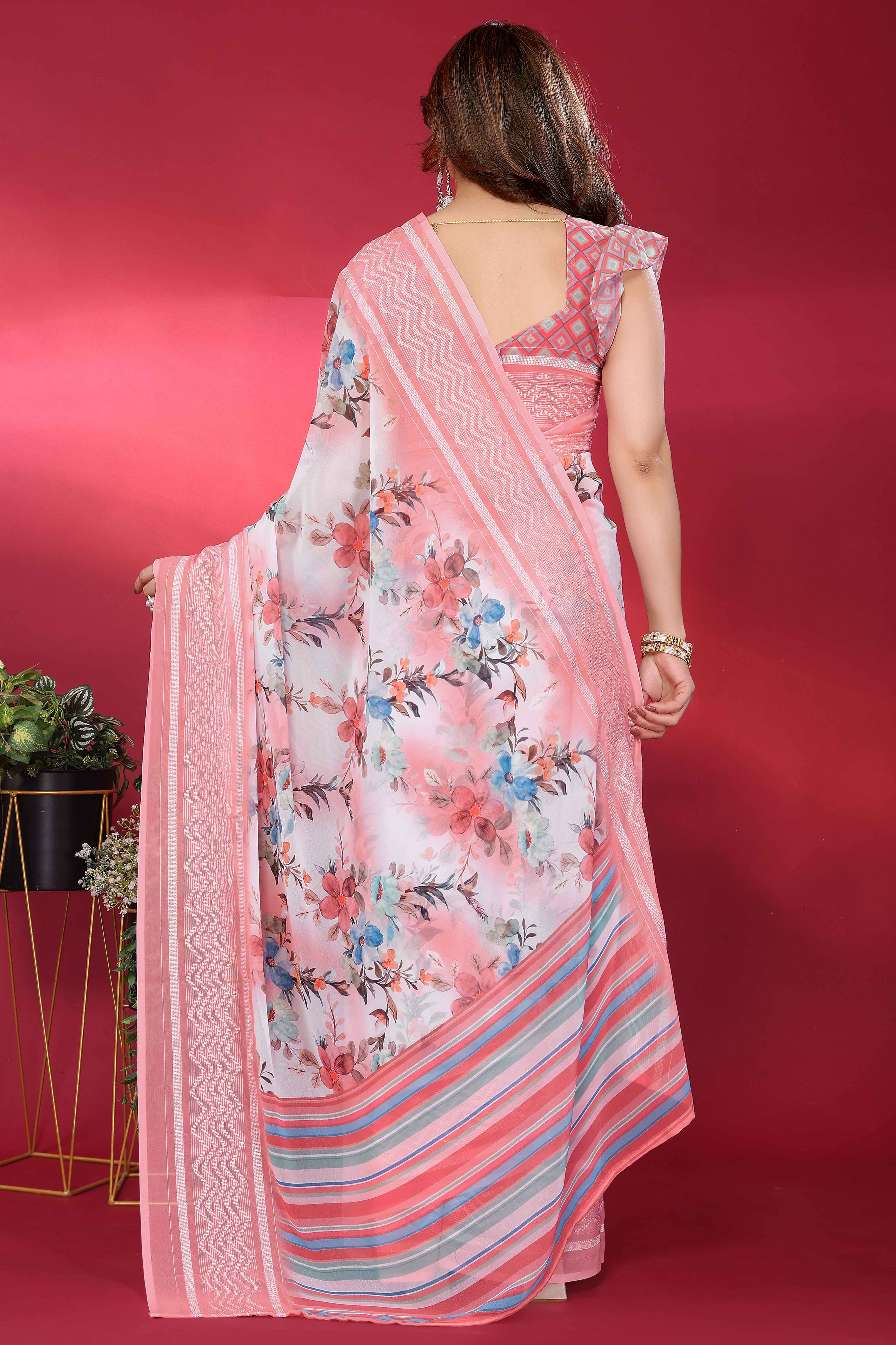 Peach Floral Printed Georgette Saree with Delicate Embroidery Work
