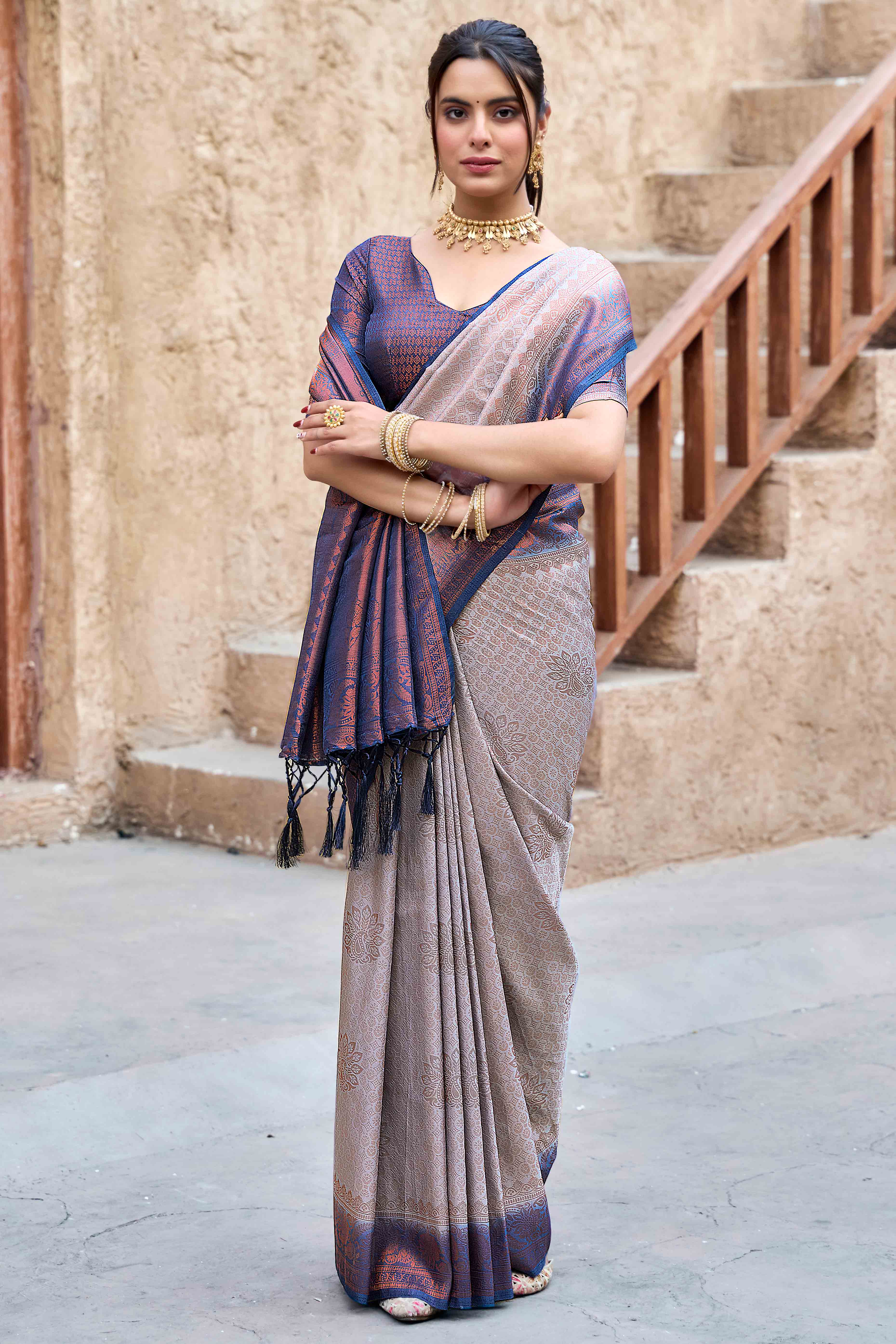 Grey Banarasi Silk Saree Featuring Elegant Floral Woven & Delicate Tassel Edging